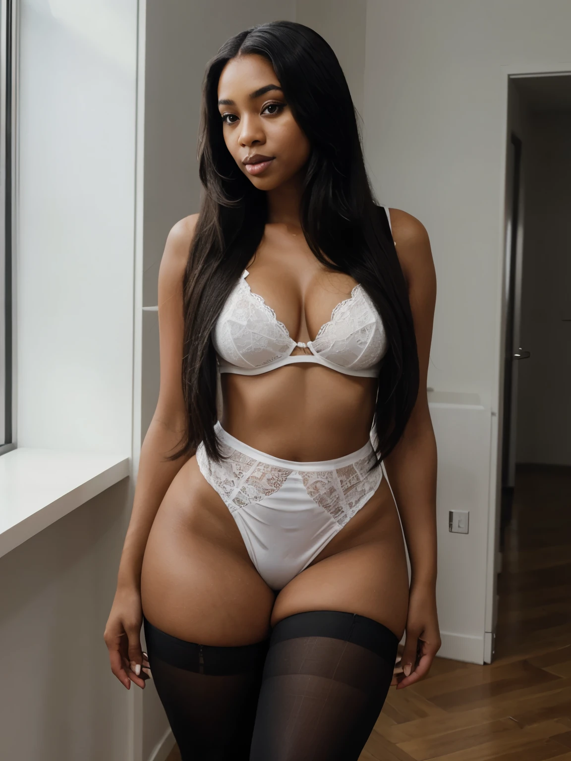 Mixed black ethnicity, curvy girl, long straight hair, wearing white and black lingerie and tights