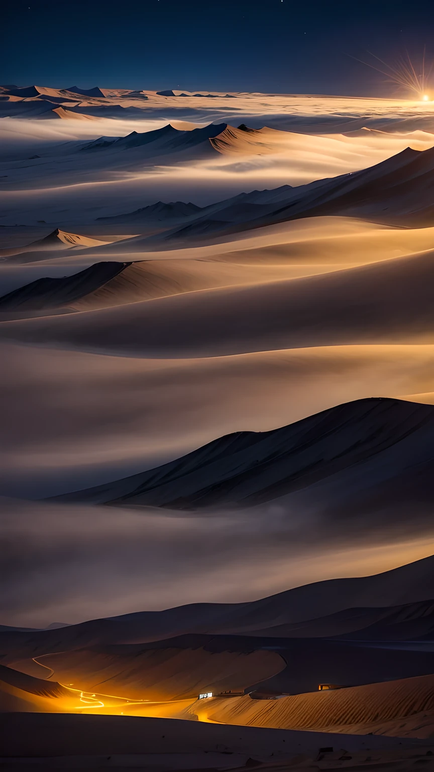 Sandstorm，Qinghai，night，Hill pack，moon，Light，Spectacular，Shock。