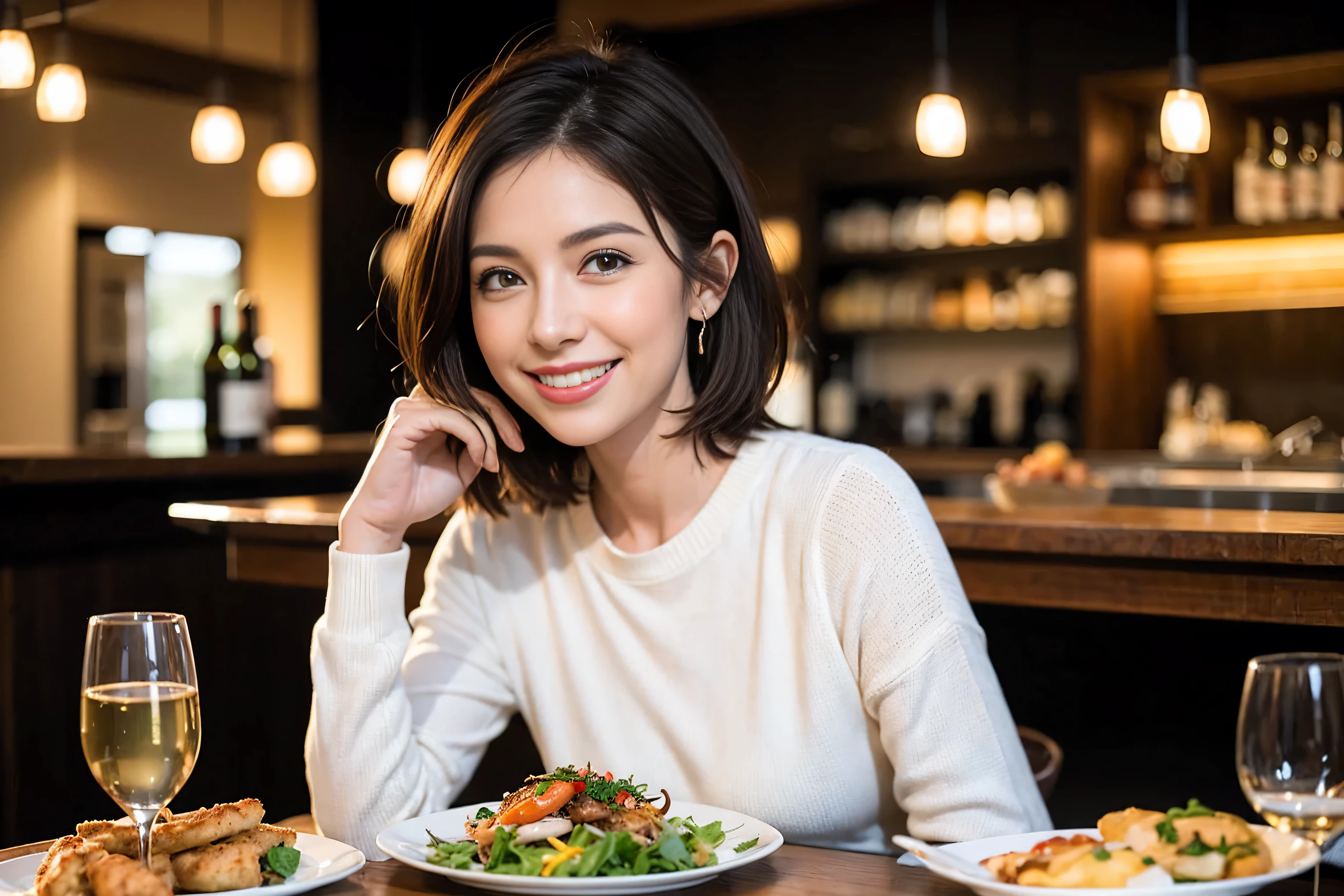 （Realistic:1.1）,(masterpiece,Highest quality)，8k,(49 years old), 50 years old, slimカップル、Tight waist,Upper Body,full-course dinner、wine 、Amazing view of the sunset sky and clouds、Perfect Anatomy, Brown Hair, short hair,Random Hairstyles,((Highly detailed face and eyes:1.2))，Perfect golden ratio face，Long sleeve shirt、dress,(smile:1.2)、Shortcuts、cute、(Realistic, Intricate details:1.2), A bright smile、short hair,Bright Face、赤wine 、Appetizers、Italian food、wine bottle、Champagne、スパークリングwine、(slimな顔), (The body is slim), (Brown Hair), (Shortcuts),  Upper Body, 白wine, slim, wineグラス, 