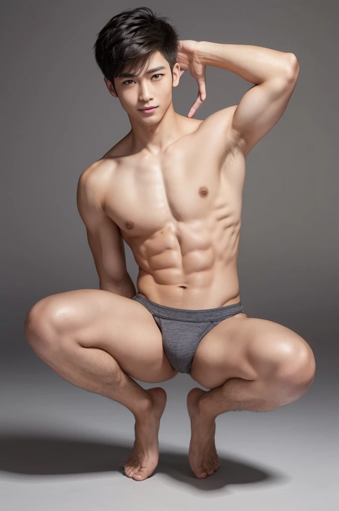 Japanese male model in micro thongs, G-string, lifted arms, spread legs, Full Body Shoot, Quiff haircut, look at camera, detailed facial parts, Manly, Charmer, Active Boy, stand in front of gray background, Freestyle Pose, sitting, Happy Expression, perfect anatomy, symmetric body, asian boy 19 years old, shirtless :: high detail, asian, a little six packs attractive body, realistic, human skin, Short Hairstyle, handsome chad chin, shirtless, handsome, attractive, masculine, sexually attractive, human skin, (eyes contact), Handsome, Attractive
