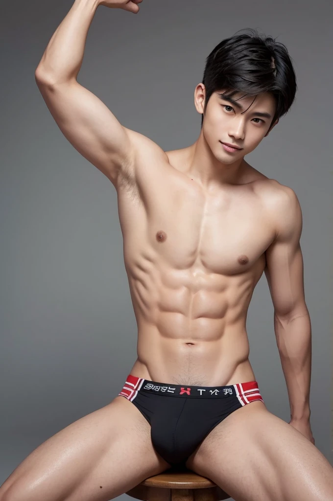 Japanese male model in micro thongs, G-string, lifted arms, spread legs, Full Body Shoot, Quiff haircut, look at camera, detailed facial parts, Manly, Charmer, Active Boy, stand in front of gray background, Freestyle Pose, sitting, Happy Expression, perfect anatomy, symmetric body, asian boy 19 years old, shirtless :: high detail, asian, a little six packs attractive body, realistic, human skin, Short Hairstyle, handsome chad chin, shirtless, handsome, attractive, masculine, sexually attractive, human skin, (eyes contact), Handsome, Attractive