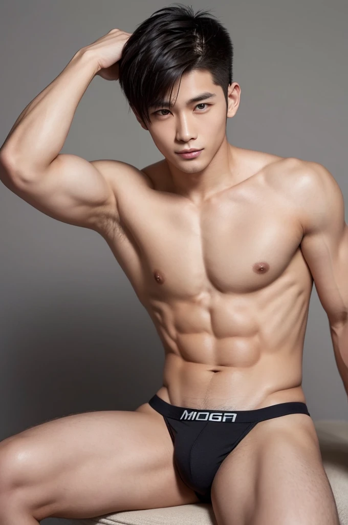 Japanese male model in micro thongs, G-string, lifted arms, spread legs, Full Body Shoot, Quiff haircut, look at camera, detailed facial parts, Manly, Charmer, Active Boy, stand in front of gray background, Freestyle Pose, sitting, Happy Expression, perfect anatomy, symmetric body, asian boy 19 years old, shirtless :: high detail, asian, a little six packs attractive body, realistic, human skin, Short Hairstyle, handsome chad chin, shirtless, handsome, attractive, masculine, sexually attractive, human skin, (eyes contact), Handsome, Attractive