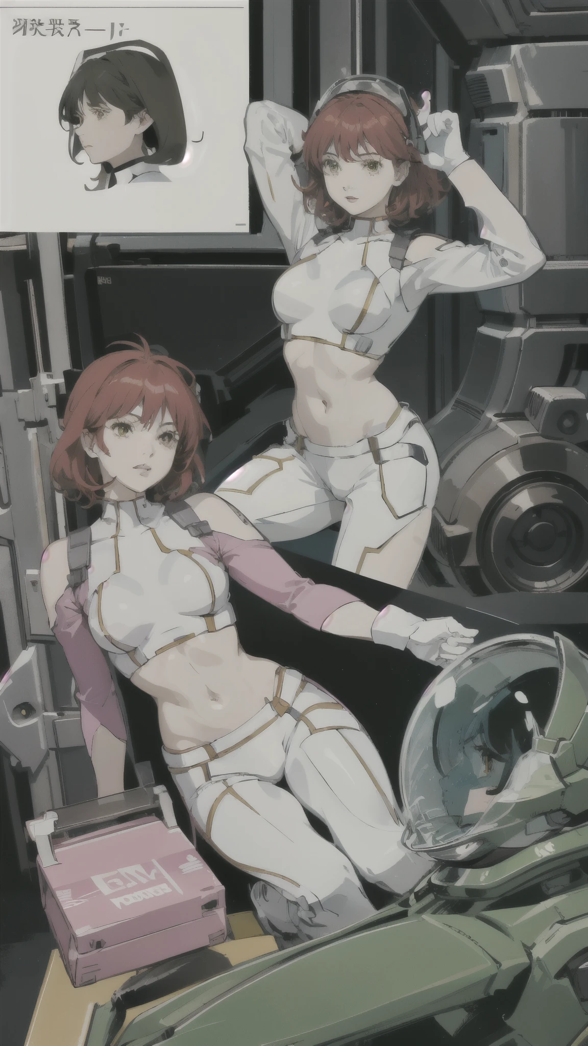 Nena Trinity、Yellow Eyes、Red Hair、freckles、abdomen、No sleeve、belly button、Crop top、Abdominal muscles、White shorts、Perfect fit for your skin、(Helmet、green glass、short hair:1.4)、ピンクのBodysuits、Bodysuits、Pink gloves、ピンクのBodysuits、Bodysuits、Pink gloveilitaryru、detailed、masterpiece、Reference Art、Reference Sheet、Multiple Views、Reference Sheet、Model Sheet