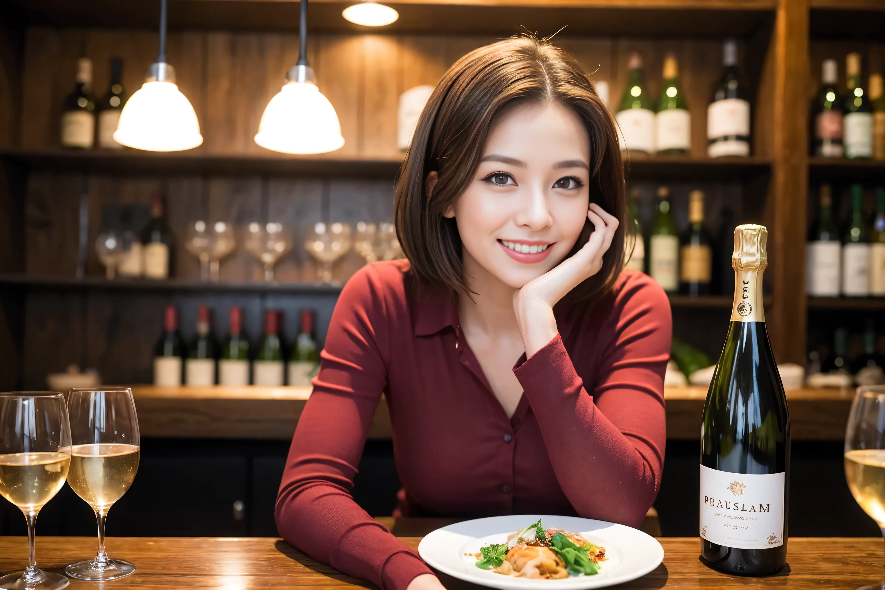 ((Highest quality、8k、masterpiece:1.3))、Slim couple、Model Couple、(Realistic, Intricate details:1.2), full-course dinner、Wine 、Amazing view of the sunset sky and clouds、A bright smile、The wonderfulness of smile、Bright image、Wineの美しさ, Beautiful Face, Blue eyes, The light shines on your face, blush, short hair,Bright Face、 (Age 37), 39 years old, 赤Wine 、Appetizers、Italian food、Wine bottle、Champagne、スパークリングWine、Two beauties、Brown Hair、Shortcuts、Long sleeve shirt、dress、Beautiful woman 1, (Slim face), (The body is slim), (Brown Hair), (Shortcuts), cheeks turn a little red,Attractive beauty、restaurant, In a prominent place (From the waist up) Nova Frog Style, actress, model, Upper Body, 白Wine, slim, Wineグラス, 中央に置かれたWineグラス, smile, (smile: 1.15), Beautiful fine grain, Depth f/2,saturation, High Contrast, Strong light and shadow,Moist Body:1.5、3D texture、Delicate eyes、Brown Hair、The hair is very shiny、