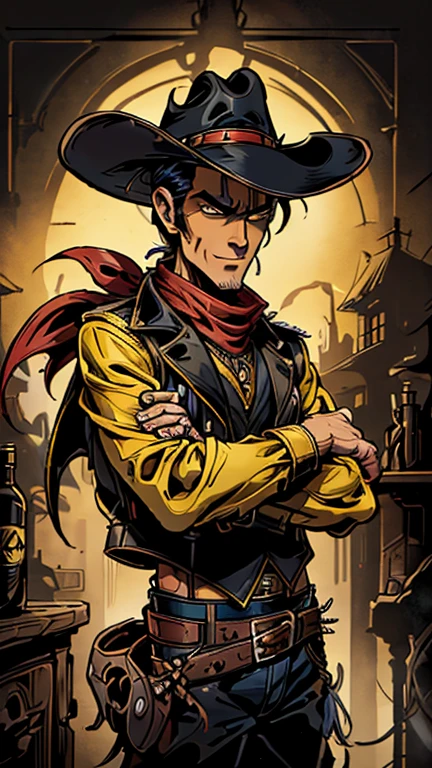 (1man, Lucky luke, yellow top, black jacket, jean, cowboy hat, red bandana), (extremely detailed CG unit 8k wallpaper),(master part), (best quality), (ultra detail), (best illustration),(melhor ombre), cowboy shot, (Sharp eyeliner, ombre, detail eyes:1), gothicpunk style wild west saloon interiors background, ,break , (gothicpunkai), upper body, short hair, black hair