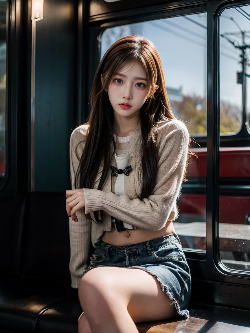 A beautiful girl with a sexy outfit sits at a café, sipping her coffee and gazing at a passing train. The shot captures both the girl and the train within the same frame. The scene is bathed in warm, natural lighting, with realistic shadows and highlights. The photo has a shallow depth of field, with the girl in sharp focus and the background slightly blurred. The image is captured with a high-quality DSLR camera, showcasing rich details and vibrant colors.