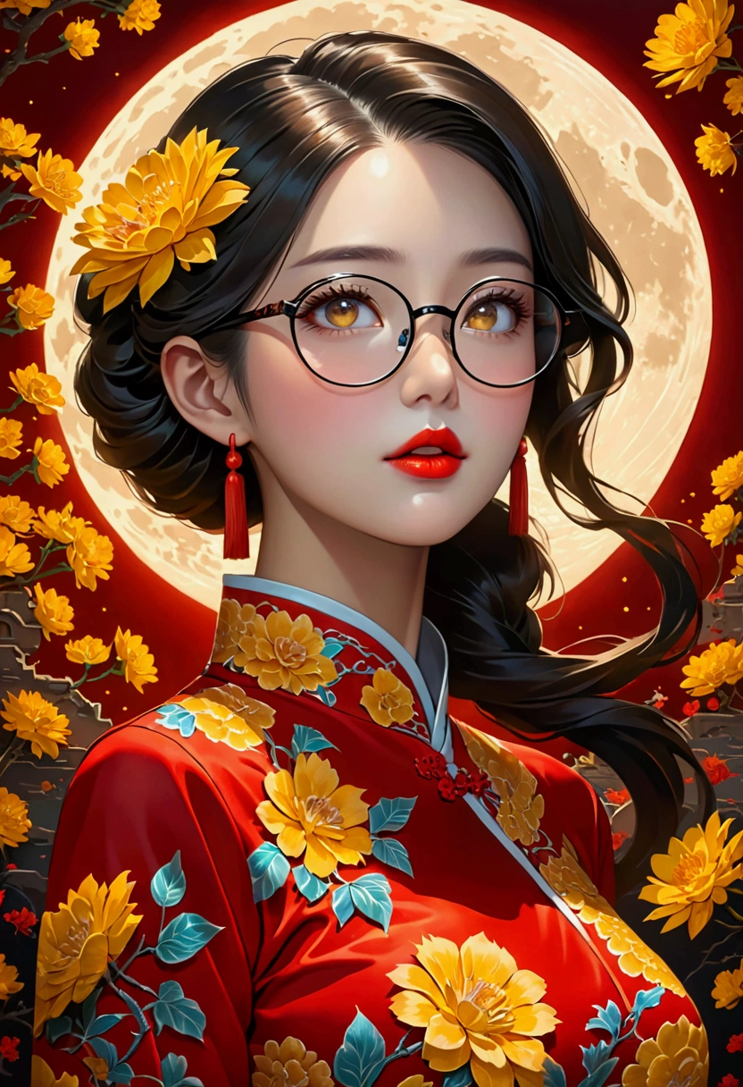 (masterpiece),(best quality), (fantasy:1.4), Surrealism, shadow, Relief, Stereogram, Atmospheric perspective, 8K, Super Detail,A moon, Yellow flowers , Paper_cut, 1 Girl,Upper Body,Fashion Girl,cheongsam,Chinese clothes,Hair accessories,(Glowing skin),Red lips,Looking at the audience,Large Breasts,Open your mouth, Solitary, (White hair, Long hair), Perfect face and glasses, Glowing light particles, Dynamic Angle，