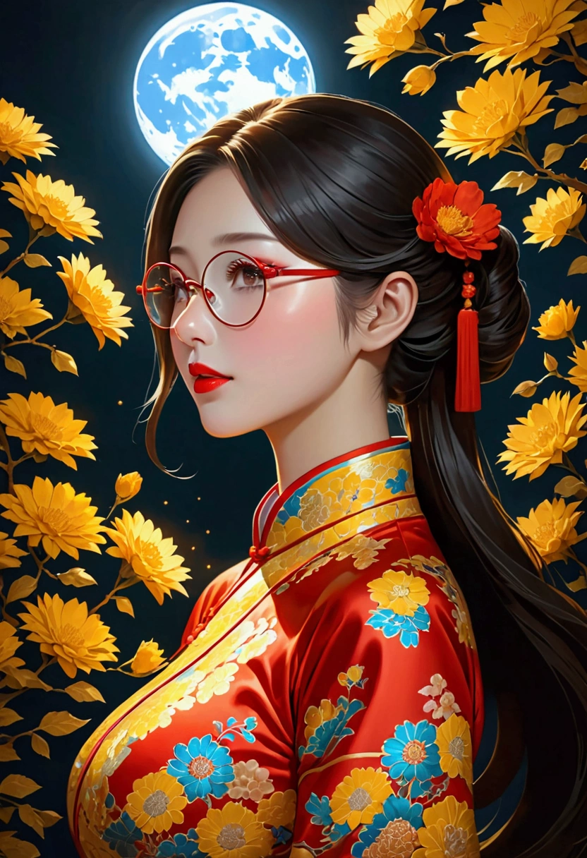 (masterpiece),(best quality), (fantasy:1.4), Surrealism, shadow, Relief, Stereogram, Atmospheric perspective, 8K, Super Detail,A moon, Yellow flowers , Paper_cut, 1 Girl,Upper Body,Fashion Girl,cheongsam,Chinese clothes,Hair accessories,(Glowing skin),Red lips,Looking at the audience,Large Breasts,Open your mouth, Solitary, (White hair, Long hair), Perfect face and glasses, Glowing light particles, Dynamic Angle,
