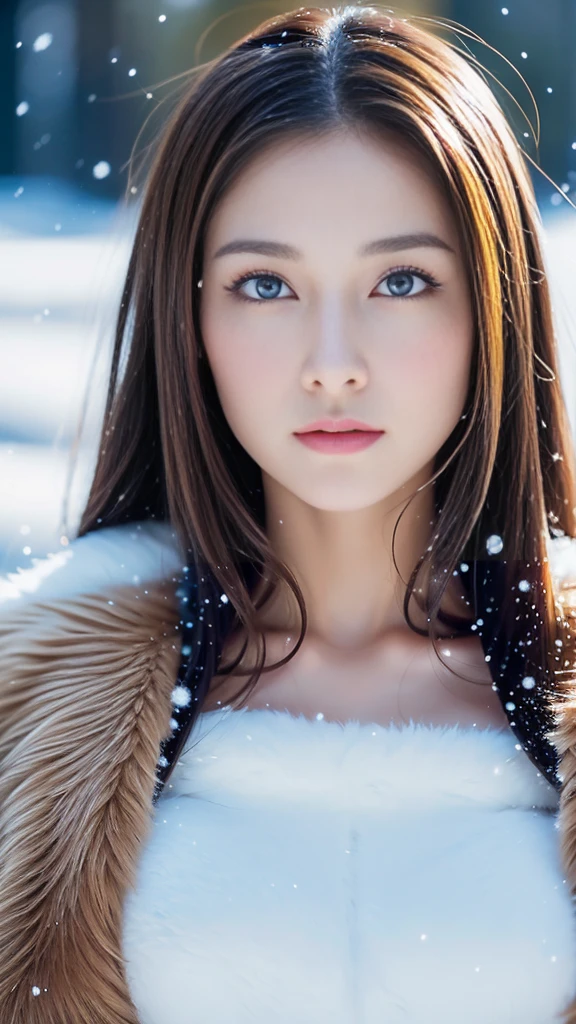 (highest quality, 8k, 32K,details are very clear),Realistic, High resolution, 1 Japanese Women, alone, (Lolita Costume),Gorgeous costumes,Facing the audience,(Upper Body,Upper limbs), Beautiful Eyes, brown hair, Ring-shaped eyes, (outside,Heavy snowfall,thick fur cape,Cover with snow),Snowfield,blue eyes,highest qualityのイラスト,Detailed facial features