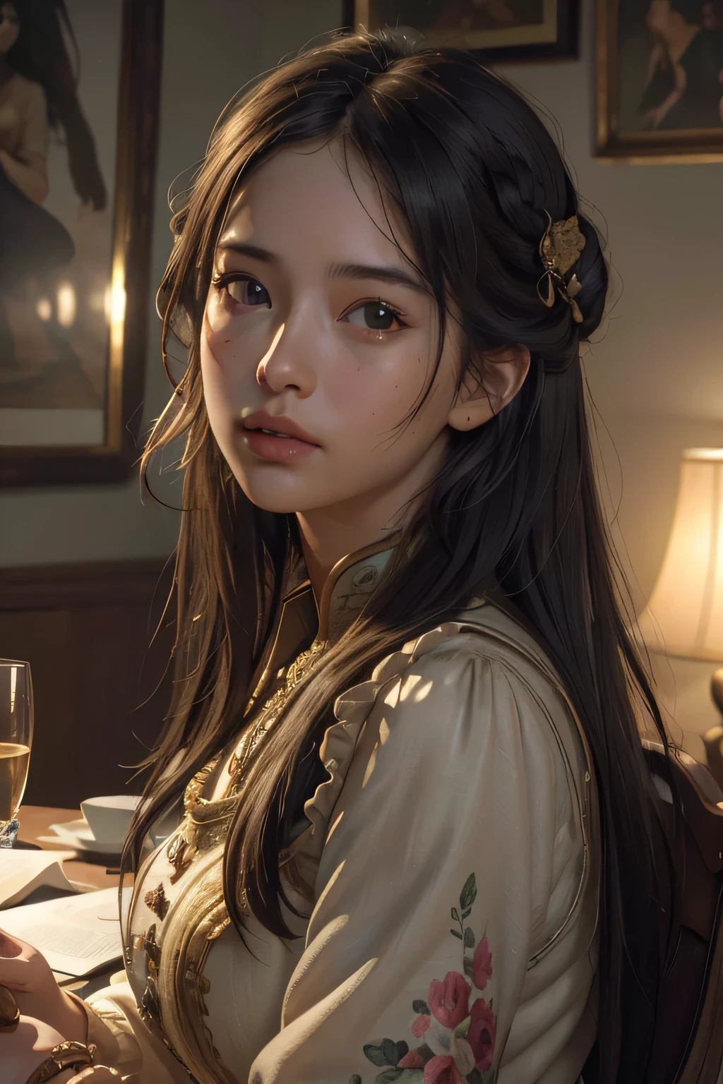 (RAW photo, best quality), (realistic, photo-realistic:1.3),best quality,highly detailed,masterpiece,ultra-detailed,illustration,1girl,upper_body,dynamic angle,world masterpiece theater,messy_long_hair,best quality,extremely detailed CG unity 8k wallpaper,ink,Amazing,cinematic lighting,lens_flare,,dunhuang_style