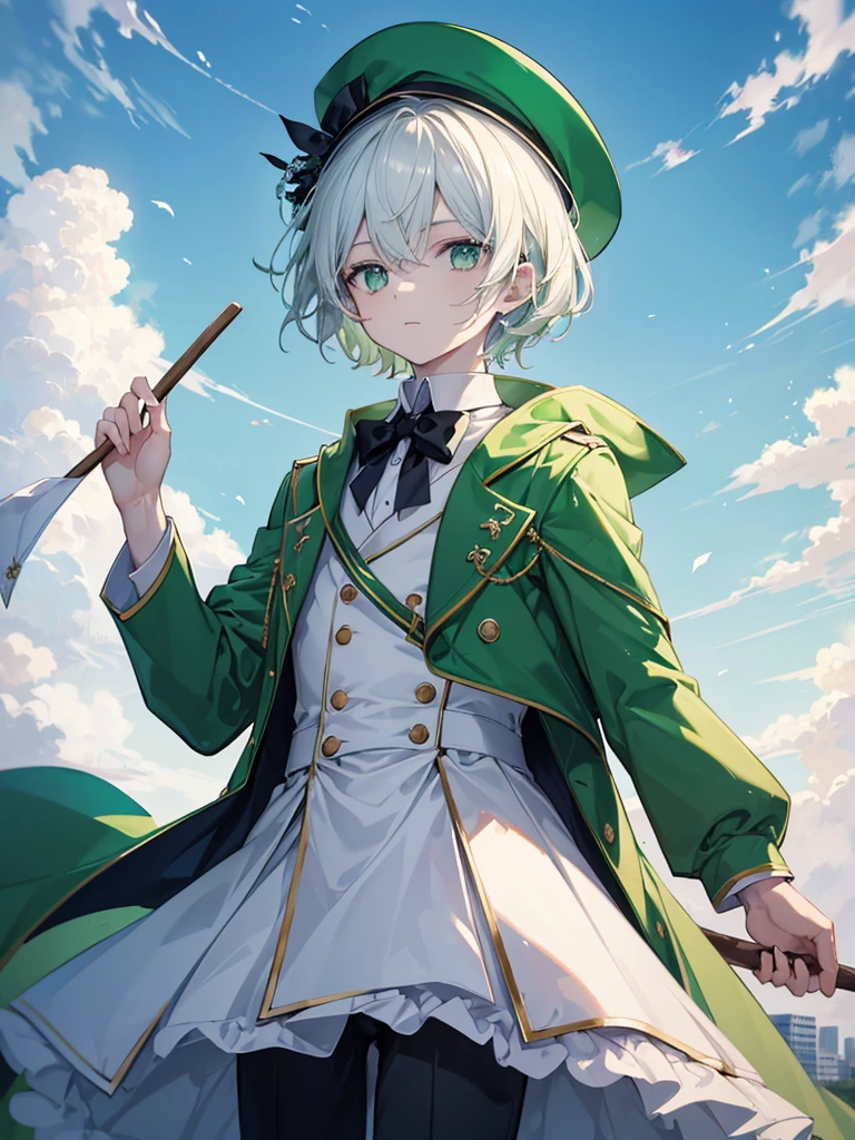 Masterpiece, Highest quality, Ultra-high resolution, Ultra HD,
A young man wearing a green long coat, a green pointed hat, white short hair and a white cat, holding a stick candy in his mouth, looking up at the sky, pale skin, looking up