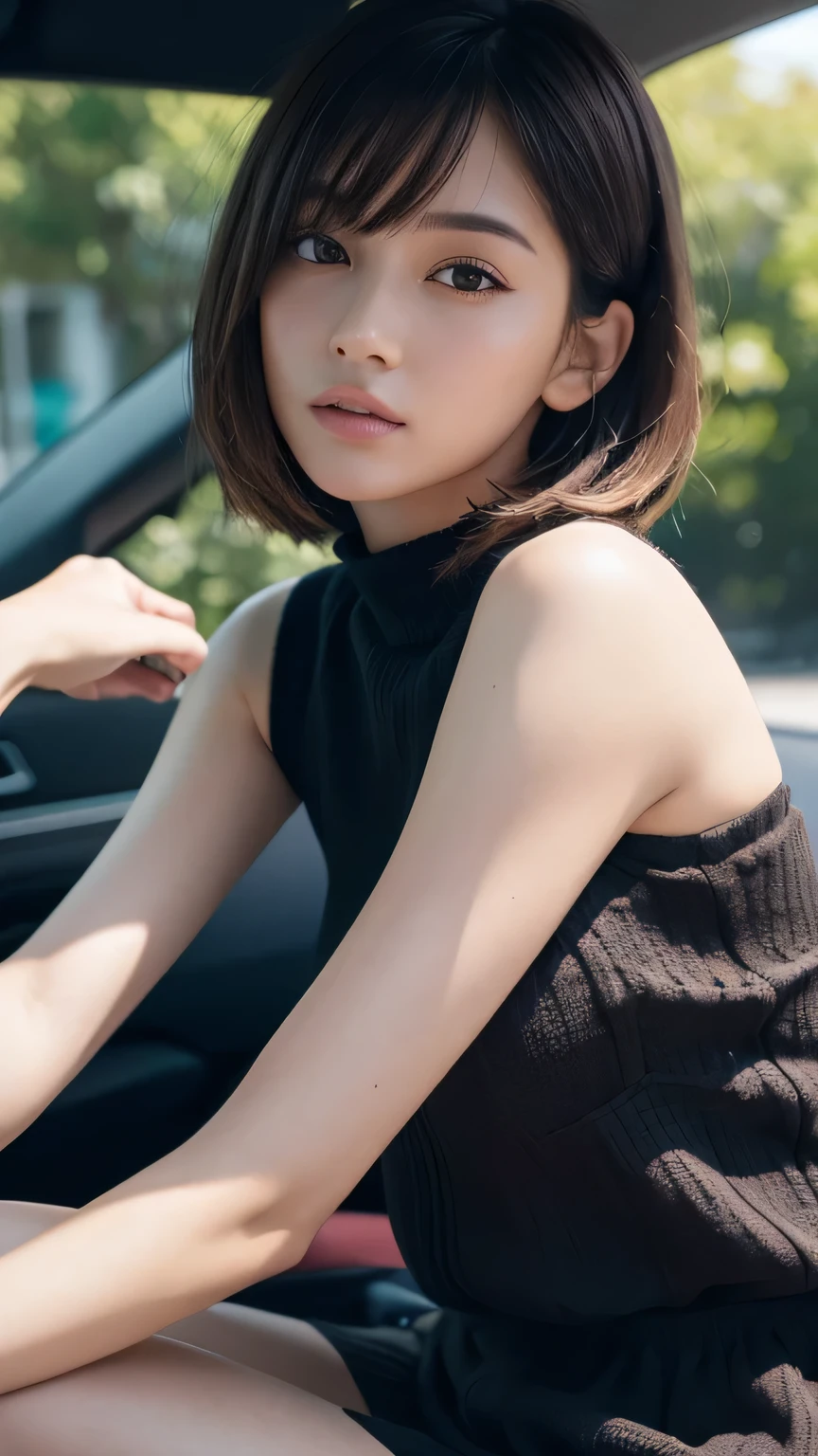 (Ultra-realistic), (figure), (High resolution), (8k), (Very detailed), (Best figure), (Beautiful and detailed), (Highest quality), (Super detailed), (masterpiece), (wallpaper), (Detailed face), alone, One Girl, watching viewer, Trendy summer clothes,Less exposure、Fine details, Detailed face, In the Dark, Deep Shadow, Modest, Pure Erotic Face Ace_v1, cool, short hair, Pointed diagonal bangs,driving