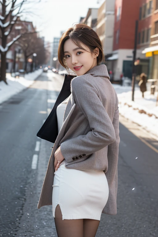 Highest quality, 4K, 8k, Detailed face, Clear Face, Cute Girls, Korean Makeup, Red lips, smile, Perfect body,Straight short hair to the shoulders,Small breasts,thigh,slim,thin, The girl is wearing a long, wide coat, Under the jacket was a top tube and pantyhose., Lower abdomen, Snow Scene, winter, street,Accentuate your butt、(Panty lines、Panty lines showing through the skirt:1.4),(skirt with deep slit,:1.3)、Butt-pushing posture、(The color of her panties is slightly visible)、White Skirt