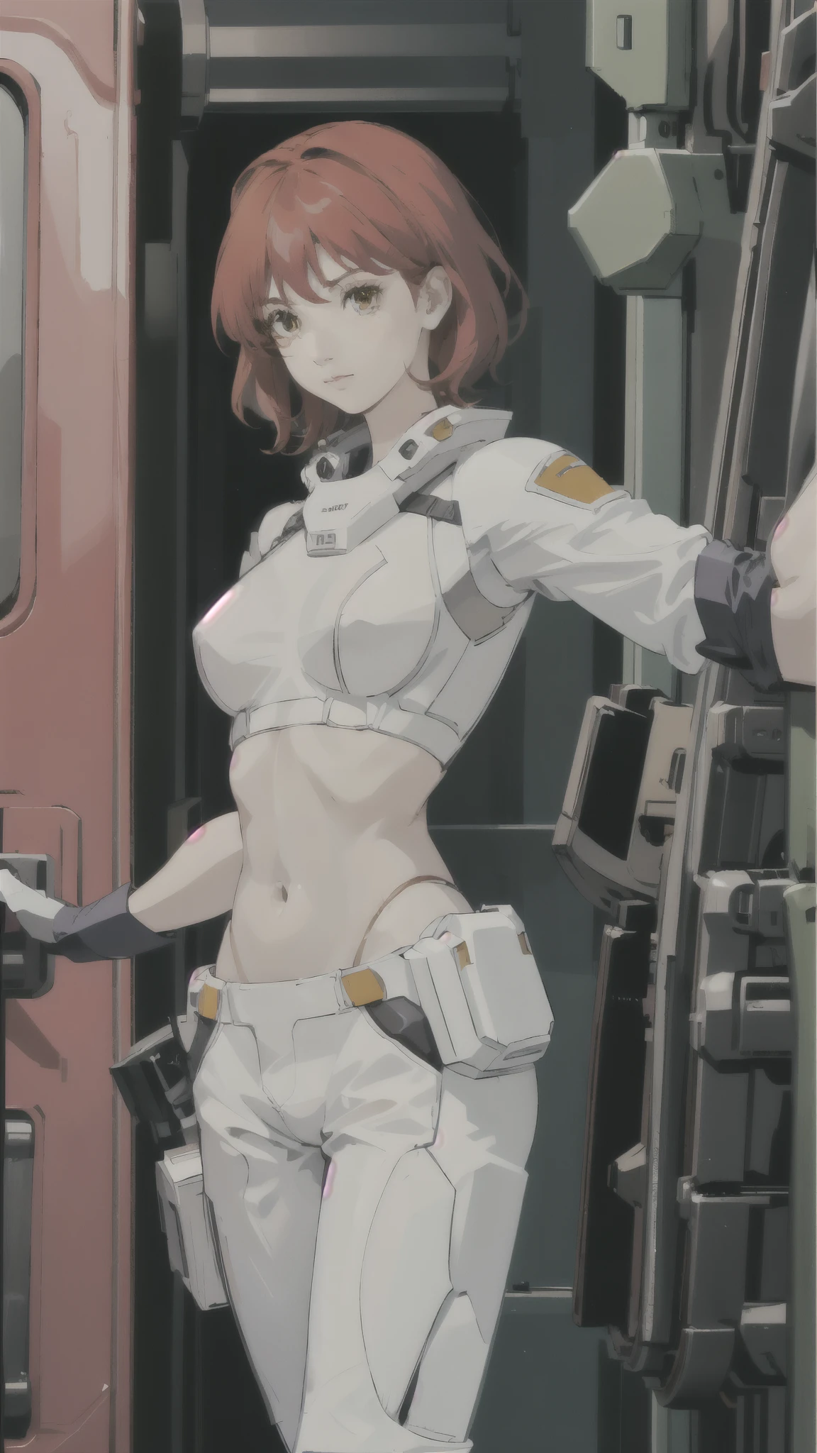 Nena Trinity、Yellow Eyes、Red Hair、freckles、abdomen、No sleeve、belly button、Crop top、Abdominal muscles、White shorts、Perfect fit for your skin、（Helmet、green glass、short hair：1.4）、ピンクのBodysuits、Bodysuits、Pink gloves、ピンクのBodysuits、Bodysuits、Pink gloveilitaryru、detailed、masterpiece、Reference Art、Reference Sheet、Multiple Views、Reference Sheet、Model Sheet