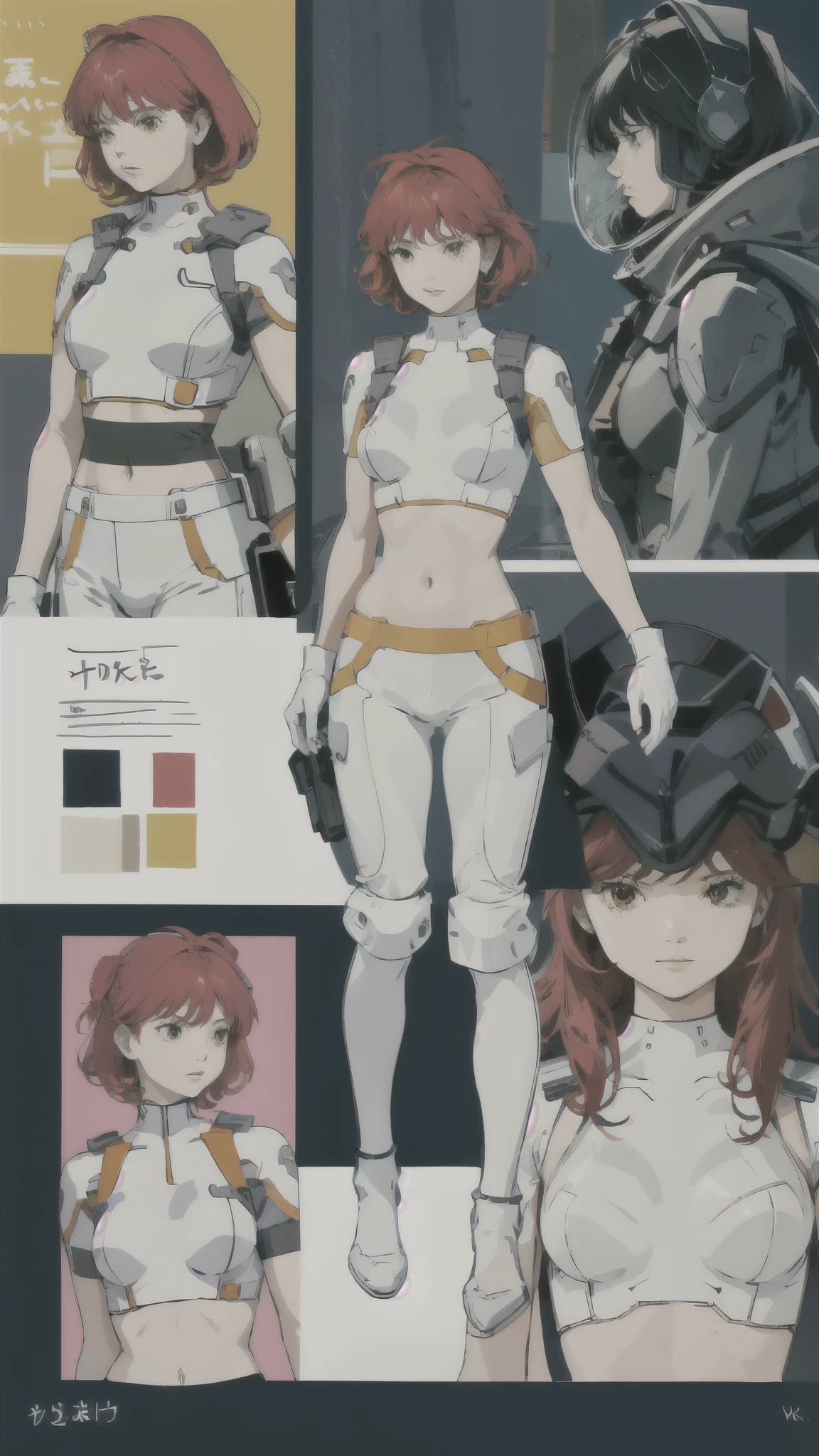Nena Trinity、Yellow Eyes、Red Hair、freckles、abdomen、No sleeve、belly button、Crop top、Abdominal muscles、White shorts、Perfect fit for your skin、（Helmet、green glass、short hair：1.4）、ピンクのBodysuits、Bodysuits、Pink gloves、ピンクのBodysuits、Bodysuits、Pink gloveilitaryru、detailed、masterpiece、Reference Art、Reference Sheet、Multiple Views、Reference Sheet、Model Sheet