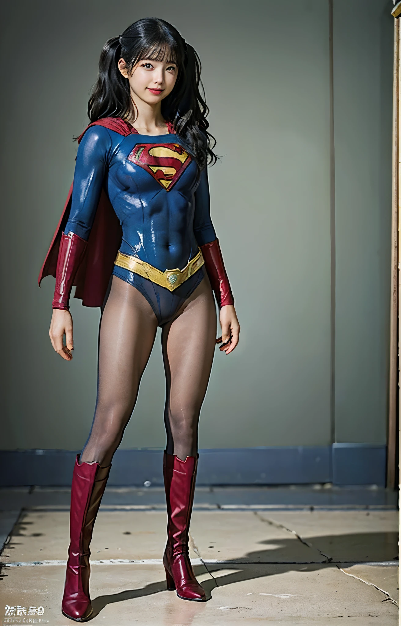 No background、(((Beautiful legs in black tights.)))、(((Legally express the beauty of your smile)))、((((Make the most of your original images)))、(((体にぴったりフィットするSupergirl Costume)))、(((Supergirl Costume)))、(((Beautiful hair with twin tails)))、(((suffering)))、(((Please wear black tights....、Wear red boots)))、((Best image quality、8k))、((Highest quality、8k、masterpiece:1.3))、(((Preserve background )))、Sharp focus:1.2、Beautiful woman with perfect figure:1.4、Slim Abs:1.2、Wet body:1.5、Highly detailed face and skin texture、8k