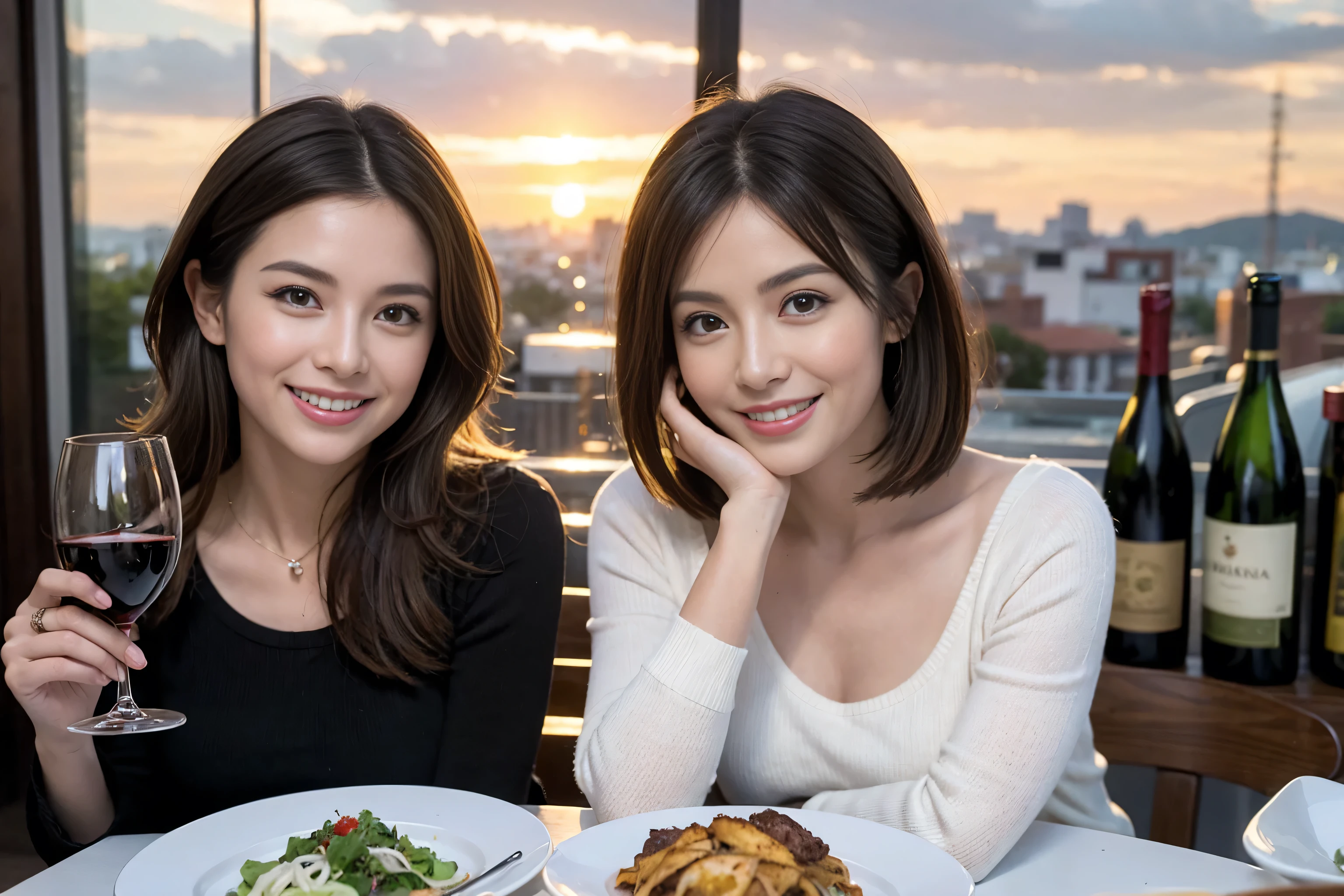(Realistic:1.1),(masterpiece,Highest quality),8k,(49 years old), 53 years old, slimカップル、Tight waist,Upper Body,full-course dinner、wine 、Amazing view of the sunset sky and clouds、Perfect Anatomy, Brown Hair, short hair,Random Hairstyles,((Highly detailed face and eyes:1.2)),Perfect golden ratio face,Long sleeve shirt、dress,(smile:1.hortcuts、cute、(Realistic, Intricate details:1.2), A bright smile、short hair,Bright Face、赤wine 、Appetizers、Italian food、wine bottle、Champagne、スパークリングwine、(slimな顔), (The body is slim), (Brown Hair), (Shortcuts), Upper Body, 白wine, slim, wineグラス,