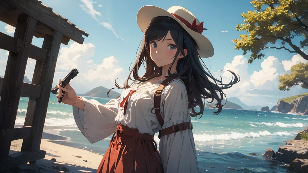 masterpiece, best quality, solo,1girl,looking at viewer,outdoor, cowboy shot,sea,anime style,
anne