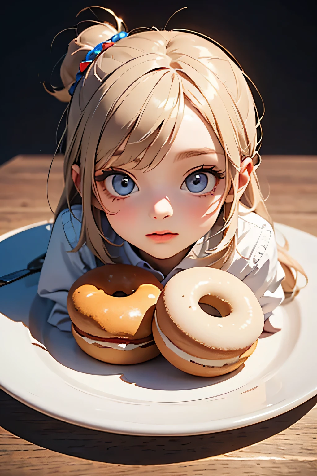 (masterpiece, best quality, super detailed, beautiful details eyes, Clean and delicate face), line-drawing, monochromes, illustration, sketchbook art, sketchbook and donuts on a plate, 1 girl in the sketchbook, solo, She pops out of the sketchbook in 3D and eat the real donuts happily, ARW