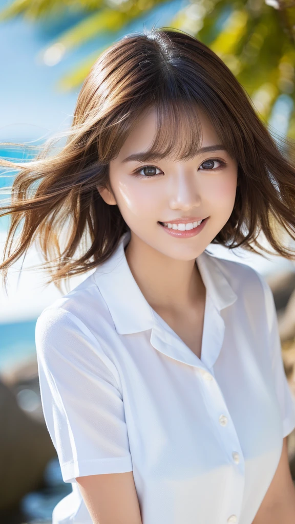 ((Highest quality、Tabletop、8k、Best image quality、Extremely intricate and detailed))、(1 person photo:1.1)、(Look at me with your best smile:1.1)、(Beautiful beaches:1.1)、(White polyester high short sleeve collar shirt:1.1)、(The perfect short sleeve collared shirt:1.1)、Accentuate your body lines、The most natural and perfect sea background、最も澄んだBeautiful sea、(Very large breasts:1.1)、(Face close-up:1.2)、Attractive body、Hair swaying in the wind、Sandy Beach、Beautiful sea、The clearest and most shining sea、Complex sea glow、The most detailed and realistic ocean、Beautiful seaの詳細が描かれています、(Very brightly lit face:1.2)、Ultra-high definition beauty face、(Ultra high resolution perfect beautiful teeth:1.1)、Ultra HD Hair、Ultra-high definition sparkling eyes、(Pure white skin shining in ultra-high resolution:1.2)、Ultra-high quality glossy lips、The cutest gravure pose、(Very bright and vivid:1.2)、(Very bright:1.2)、(Very refreshing:1.1)、(Glowing white beautiful skin:1.2)、(Very strong exposure:1.2)、(Pure white skin that shines Very brightly:1.2)、(Very strong highlights:1.2)、(Very bright and glowing skin:1.2)、Blurred Background