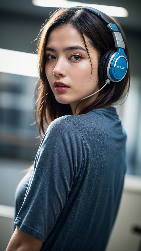 Dressed, (photo Realistic:1.4), (hyper Realistic:1.4), (Realistic:1.3), (Smoother lighting:1.05), (Improving the lighting quality of movies:0.9), 32K, One girl,20 year old girl, Realistic lighting, Backlight, Light on the face, Ray-tracing, (Bright light:1.2), (Improvement of quality:1.4), (Highest Quality Real Texture Skins:1.4), Detailed drawn eyes, Detailed painted face, Quality Eyes, (Tired, sleepy and satisfied:0.0), Face close-up, T-shirt with headphones, (Enhance the mood of your body line:1.1), (Enhances the beauty of skin texture:1.1)