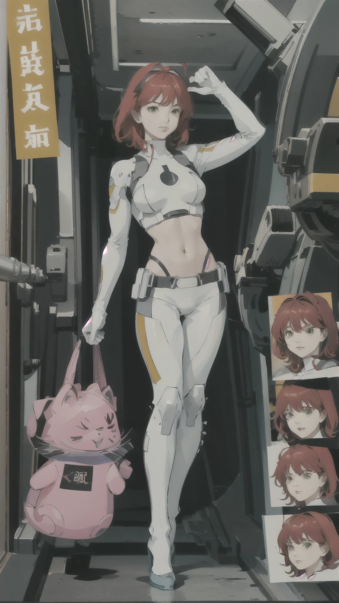 Nena Trinity、Yellow Eyes、Red Hair、freckles、abdomen、No sleeve、belly button、Crop top、Abdominal muscles、White shorts、Perfect fit for your skin、(Helmet、green glass、short hair:1.4)、ピンクのBodysuits、Bodysuits、Pink gloves、ピンクのBodysuits、Bodysuits、Pink gloveilitaryru、detailed、masterpiece、Reference Art、Reference Sheet、Multiple Views、Reference Sheet、Model Sheet、cockpit