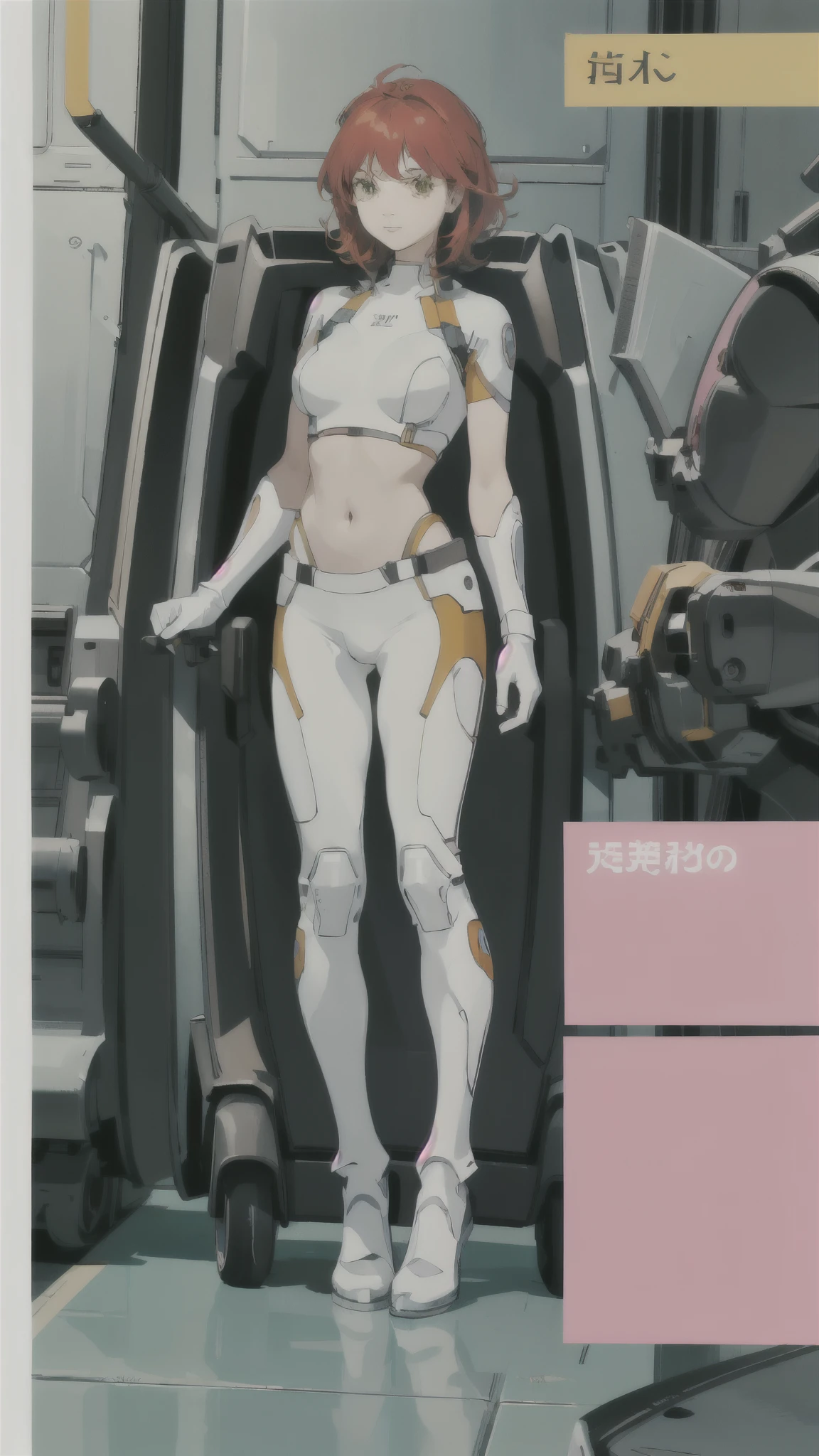 Nena Trinity、Yellow Eyes、Red Hair、freckles、abdomen、No sleeve、belly button、Crop top、Abdominal muscles、White shorts、Perfect fit for your skin、(Helmet、green glass、short hair:1.4)、ピンクのBodysuits、Bodysuits、Pink gloves、ピンクのBodysuits、Bodysuits、Pink gloveilitaryru、detailed、masterpiece、Reference Art、Reference Sheet、Multiple Views、Reference Sheet、Model Sheet、cockpit