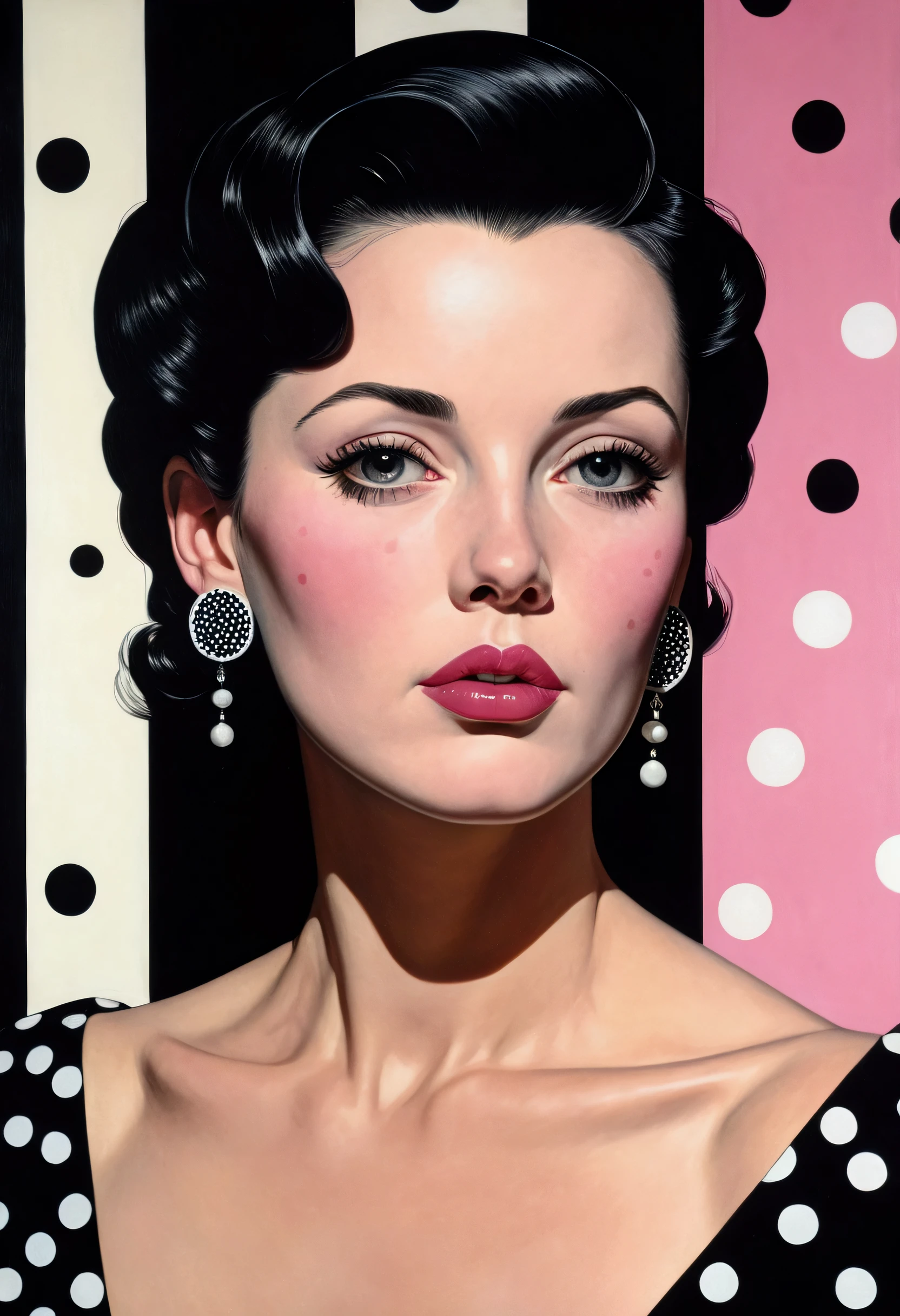Polka dots on background One sobbed woman Wearing pink lipstick and small black earrings、In the axis of light、 America in the 70s Mary Cassatt、patrick nagel、Looking at the camera with cynicism((Film noir))Portrait painting