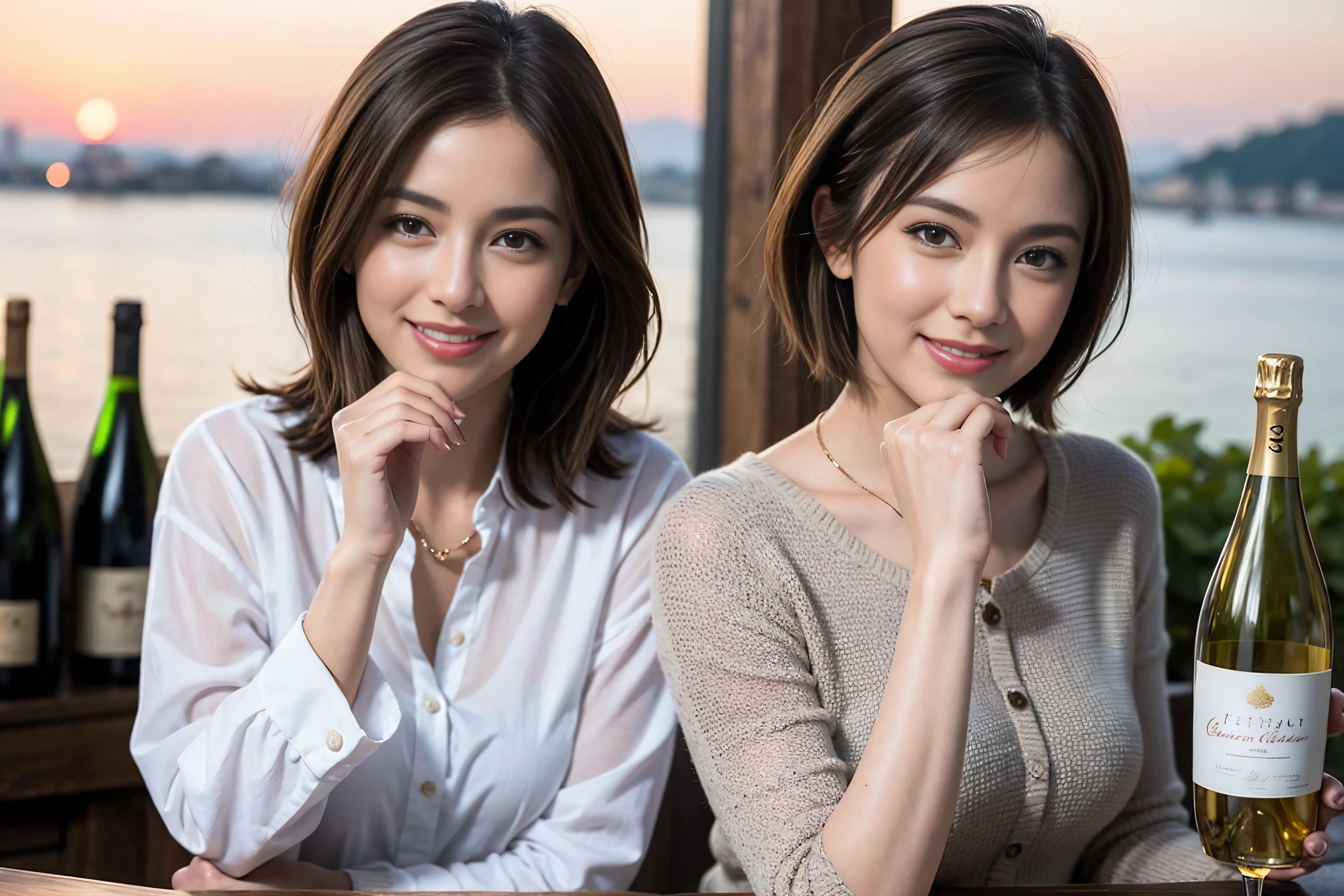 (Realistic:1.1),(masterpiece,Highest quality),8k,(49 years old), 50 years old, slimカップル、Tight waist,Upper Body,full-course dinner、wine 、Amazing view of the sunset sky and clouds、Perfect Anatomy, Brown Hair, short hair,Random Hairstyles,((Highly detailed face and eyes:1.2)),Perfect golden ratio face,Long sleeve shirt、dress,(smile:1.2)、Shortcuts、cute、(Realistic, Intricate details:1.2), A bright smile、short hair,Bright Face、赤wine 、Appetizers、Italian food、wine bottle、Champagne、スパークリングwine、(slimな顔), (The body is slim), (Brown Hair), (Shortcuts), Upper Body, 白wine, slim, wineグラス,