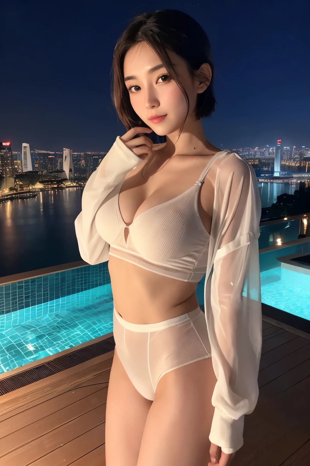 ((4K,8k,Masterpiece))、photograph、Highest quality、Detailed face、Beautiful body down to the last detail、RAW、actually exists、Photographed by a professional photographer、BREAK、Beautiful Eyes、looking at the camera、1 Japanese、A beautiful woman、Japanese Idols、Natural Makeup、Age 27、gorgeous、Celebrities、Cleavage、short hair、Wear only white short-sleeved shirts、Wet clothes、See-through clothing、(See-through underwear:1.5)、((Camel Toe))、sexy、Nipples、Outdoor、Rooftop night pool、Brilliant lighting、Beautiful night view、All、Marina Bay Sands