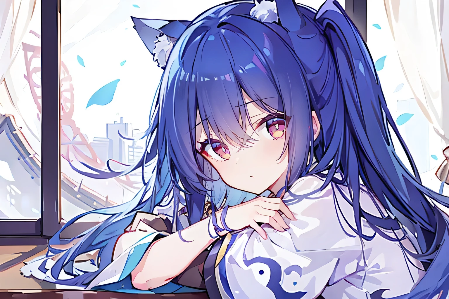 (Masterpiece:1.2)，Ultra-detailed，lifelike，The eyes are expressive，Fair skin，Perfect face shape，1 girl，Japanese Manga，Gorgeous blue hair，Flowing blue hair，Flowing clothes，Cat ears，Petals falling，Smile，Tokyo background，background，heavy snow，winter.Highest quality，perfect face，sitting on window sill drinking coffee and looking out the window.