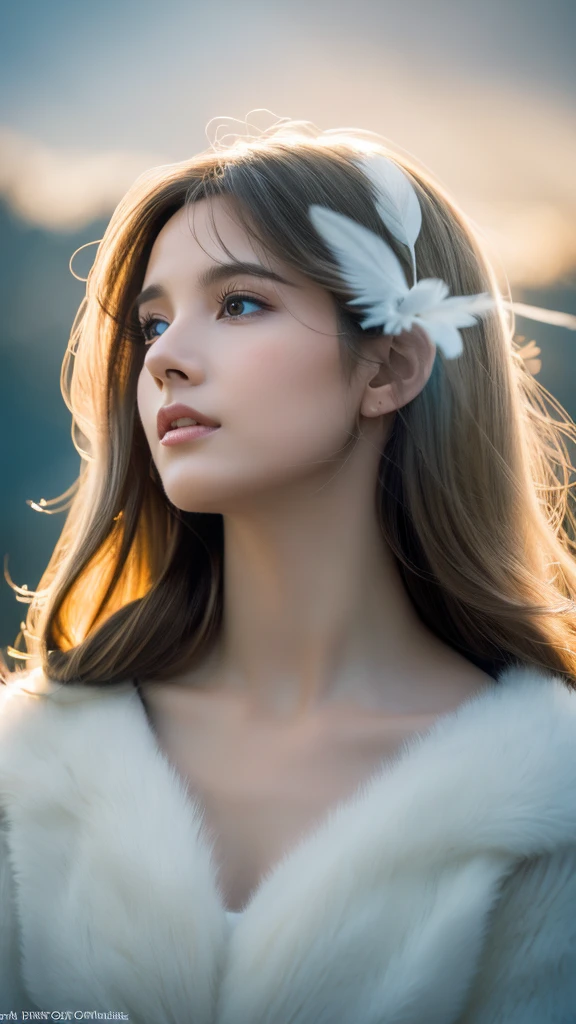Beautiful girl, Long and fine hair, White Feather, flying above clouds, Soft and dramatic lighting, (Highest quality,4K,8k,High resolution,masterpiece:1.2),Very detailed,(Realistic,photoRealistic,photo-Realistic:1.37),Detailed eyes, Detailed nose, Detailed lips, Long eyelashes, Angelic look, peaceful, Magic, Fantasy, Cinematic, Dramatic colors, Warm color palette