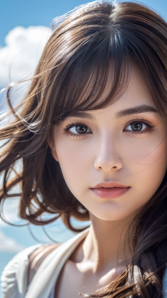 Beautiful girl, Long and fine hair, White Feather, flying above clouds, Soft and dramatic lighting, (Highest quality,4K,8k,High resolution,masterpiece:1.2),Very detailed,(Realistic,photoRealistic,photo-Realistic:1.37),Detailed eyes, Detailed nose, Detailed lips, Long eyelashes, Angelic look, peaceful, Magic, Fantasy, Cinematic, Dramatic colors, Warm color palette
