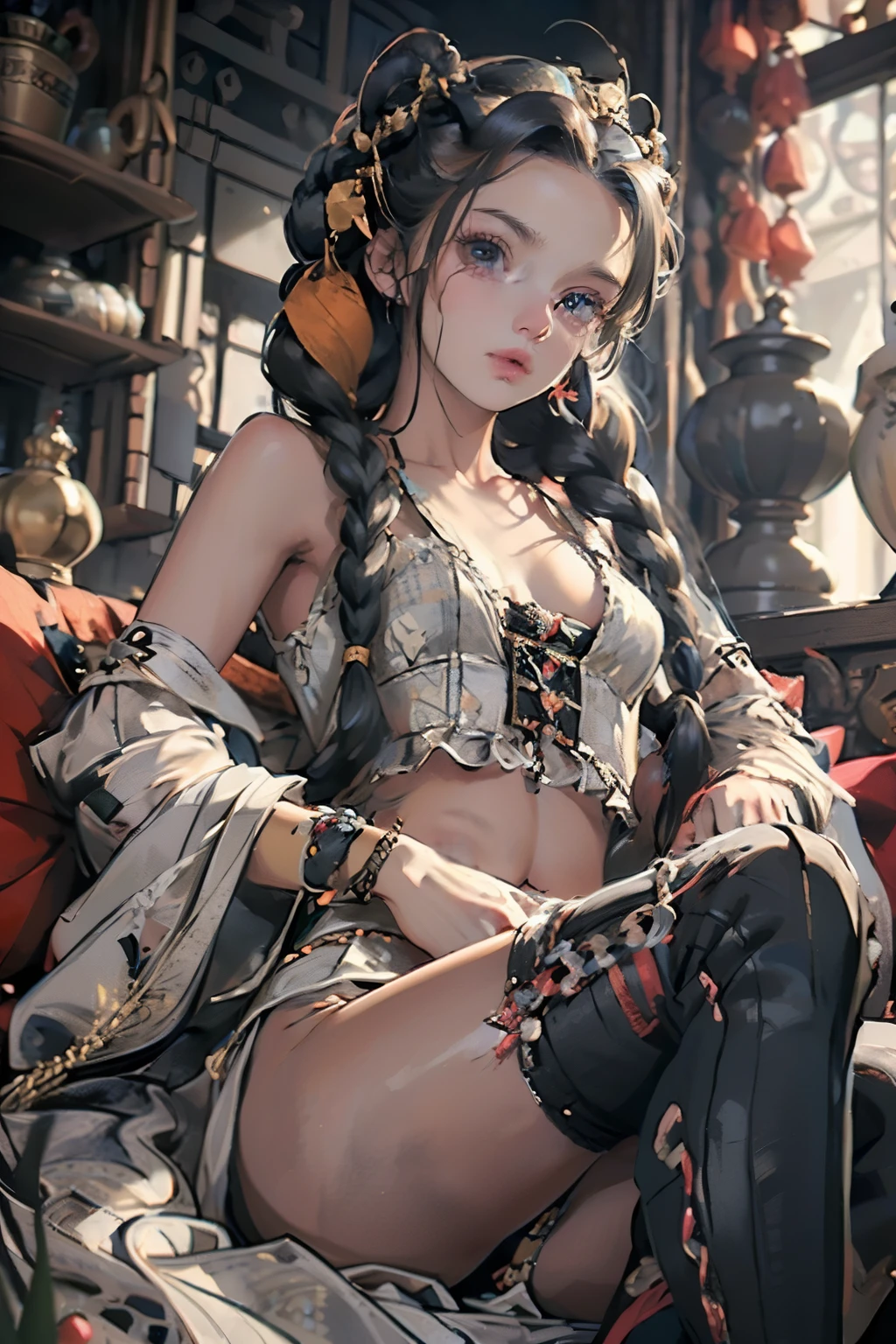 ((best quality)), ((masterpiece)), (detailed), 1girl, off-shoulder baggy sweater,clothes too big, exposing,(little chest),(big forhead:1.2),(beautiful big eyes:1.3),extremely detailed cute anime face, (((flat chest))),((((long twin braids,tight braids,long braid,braided hair,long hime cut,colored inner hair)))),intricate eyes,beautiful detailed eyes,symmetrical eyes,(((detailed face))),beautiful detailed lips,(nsfw)), ((downblouse, upskirt)),(baggy, sagging clothes, upskirt, downblouse), dynamic pose,looking at viewer, (((embarrassed))),(horrified expression),(crying),highres,(best quality),(ultra detailed,extremely detailed),perfect face details, ((masterpiece:1.4, best quality))+, (ultra detailed)+, long twintails, cute girl,blue clothes, (flat chest:1.3), NSFW, small breasts, prominent collarbones, skinny arms, flat stomach, visible hip bones, long hair, red hair, white hair, blonde hair, dark hair, ponytail, thick ponytail, heavy ponytail, small breasts, NSFW
