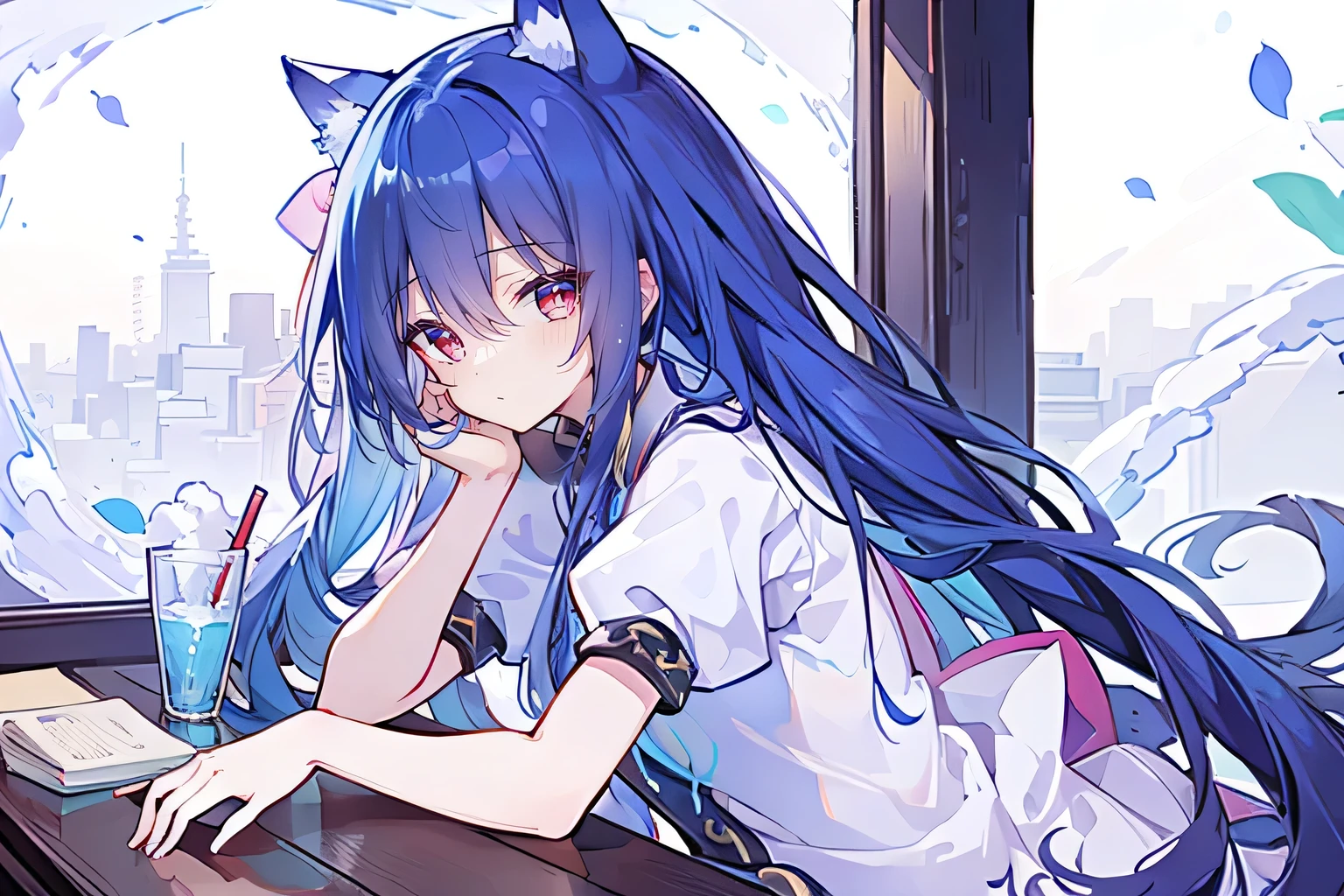 (Masterpiece:1.2)，Ultra-detailed，lifelike，The eyes are expressive，Fair skin，Perfect face shape，1 girl，Japanese Manga，Gorgeous blue hair，Flowing blue hair，Flowing clothes，Cat ears，Petals falling，Smile，Tokyo background，background，heavy snow，winter.Highest quality，perfect face，sitting on window sill drinking coffee and looking out the window.