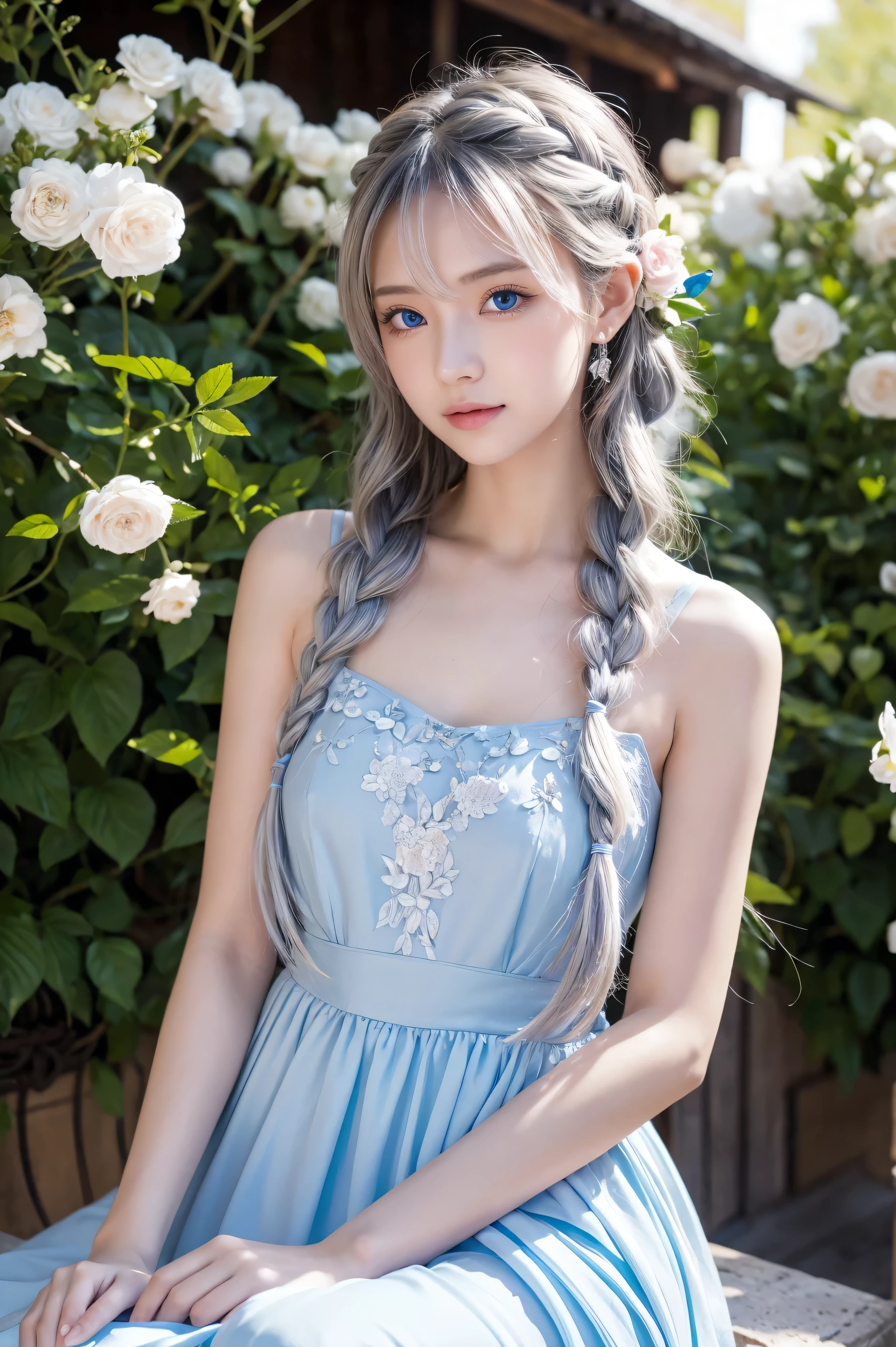 (more than),Dynamic Angle,Very detailed, shape, direct, 1 girl, (fantasy:1.4), (Light blue eyes:1.233),Her eyes shone like Like a dream stars,(Glowing eyes:1.233),(Beautiful and delicate eyes:1.1),(Silver Hair:1.14),(Messy hair,Very long hair,French Braid,Hair between the eyes,Side lock), (+(flower:1.14)),(Chiffon dress,Blue flower pattern)/=(:1.24),(University Teachers&#39;No sleeves used,Wide sleeves),(Gloves),necklace,(Micony High Socks),high-heel boots,(Awkward),(stubborn), (Located in the old White House、Princess bedroom with dressing table and floor-to-ceiling windows),(White flower,bloom),(dark blue world tree:1.14),(What&#39;Keep),(night:1.2),Like a dream,soul,(Fluorescence), [[Slender fingers and hands:0.55]::0.85],(finger details),(Soup Dumplings:0.5)、Berettis、18 years old、Large Breasts, best quality, Very detailed, Beautiful Lights, Beautiful scenery, Mild hot flashes, Smile, ((masterpiece)), (Japanese cartoons:1.5), ((best quality)), (RAW photos: 1.2), (Professional photography:1.2), whole body, 8k, from the side, Wide-angle lens,(超巨Large Breasts:1.2)