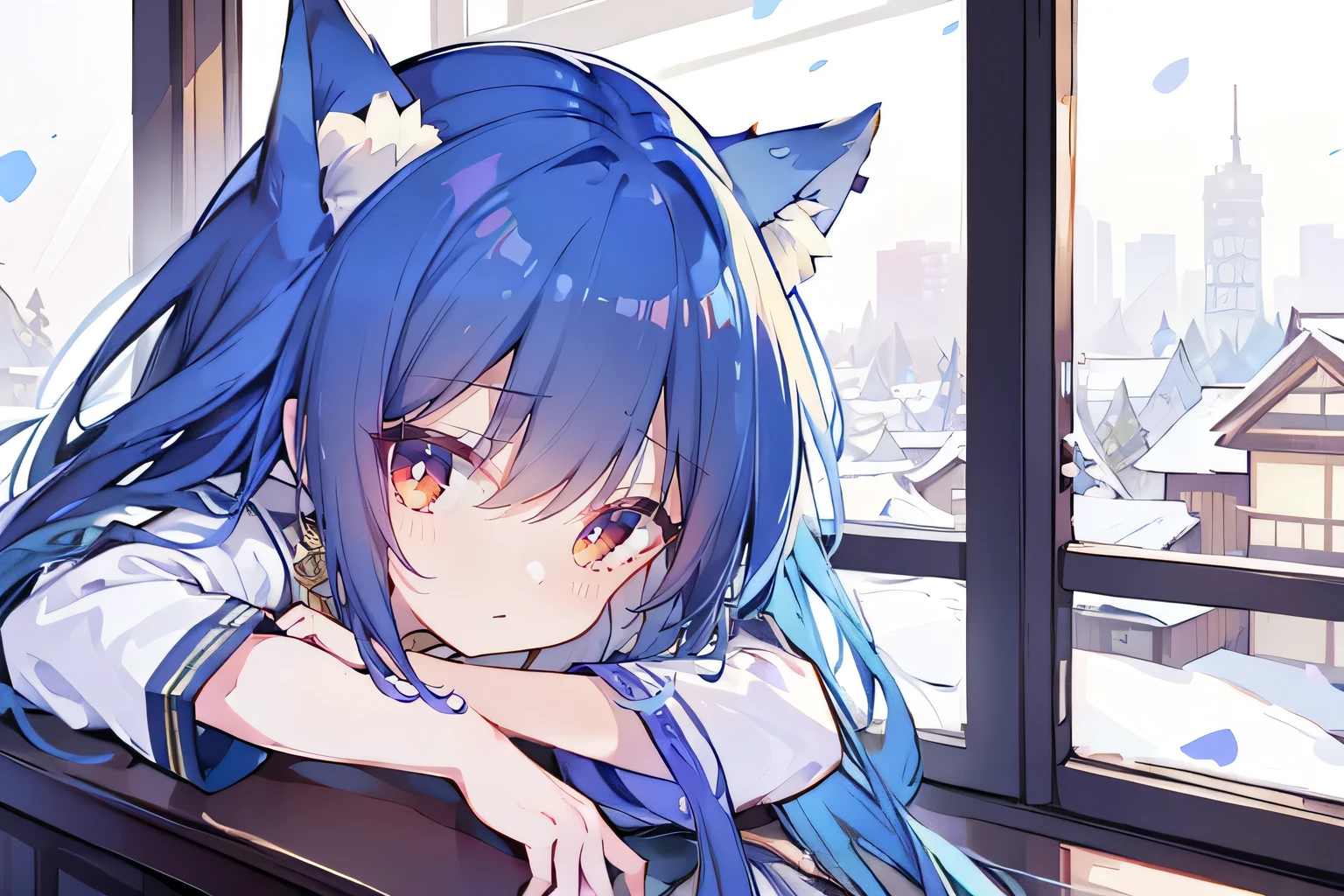 (Masterpiece:1.2)，Ultra-detailed，lifelike，The eyes are expressive，Fair skin，Perfect face shape，1 girl，Japanese Manga，Gorgeous blue hair，Flowing blue hair，Flowing clothes，Cat ears，Petals falling，Smile，Tokyo background，background，heavy snow，winter.Highest quality，perfect face，sitting on window sill drinking coffee and looking out the window.