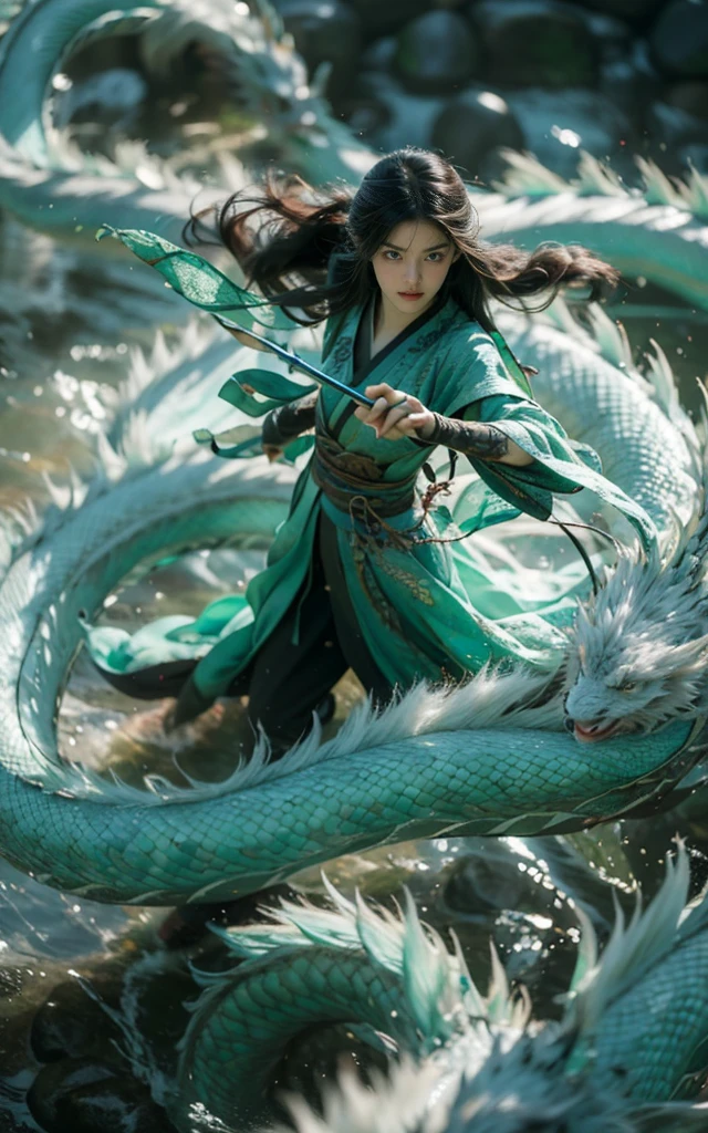 Ultra-high resolution,High-resolution details,Long hair, Dragon Horn, Colored contact lenses, A faint smile, Tonality, Motion Blur, from above, The background is a flying dragon,People are the subject,Highlights,Blurred background,35 mm, Sony FE GM, 16K