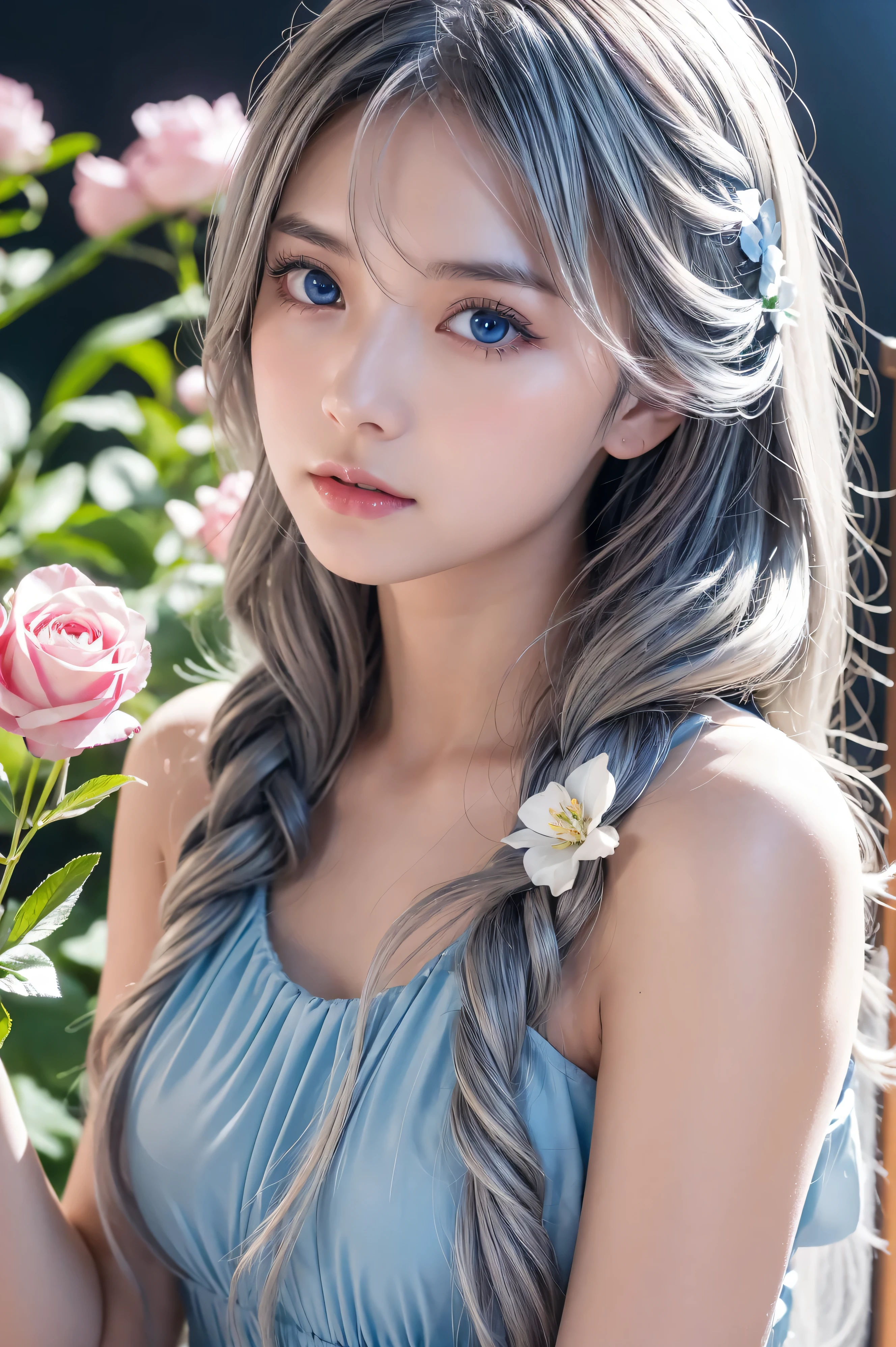 (more than),Dynamic Angle,Very detailed, shape, direct, 1 girl, (fantasy:1.4), (Light blue eyes:1.233),Her eyes shone like Like a dream stars,(Glowing eyes:1.233),(Beautiful and delicate eyes:1.1),(Silver Hair:1.14),(Messy hair,Very long hair,French Braid,Hair between the eyes,Side lock), (+(flower:1.14)),(Chiffon dress,Blue flower pattern)/=(:1.24),(University Teachers&#39;No sleeves used,Wide sleeves),(Gloves),necklace,(Micony High Socks),high-heel boots,(Awkward),(stubborn), (Located in the old White House、Princess bedroom with dressing table and floor-to-ceiling windows),(White flower,bloom),(dark blue world tree:1.14),(What&#39;Keep),(night:1.2),Like a dream,soul,(Fluorescence), [[Slender fingers and hands:0.55]::0.85],(finger details),(Soup Dumplings:0.5)、Berettis、18 years old、Large Breasts, best quality, Very detailed, Beautiful Lights, Beautiful scenery, Mild hot flashes, Smile, ((masterpiece)), (Japanese cartoons:1.5), ((best quality)), (RAW photos: 1.2), (Professional photography:1.2), whole body, 8k, from the side, Wide-angle lens,(超巨Large Breasts:1.2)