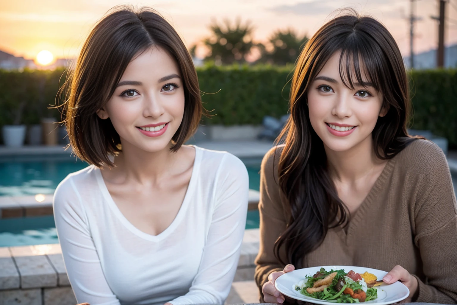 （Realistic:1.1）,(masterpiece,Highest quality)，8k,(49 years old), 50 years old, slimカップル、Tight waist,Upper Body,full-course dinner、wine 、Amazing view of the sunset sky and clouds、Perfect Anatomy, Brown Hair, short hair,Random Hairstyles,((Highly detailed face and eyes:1.2))，Perfect golden ratio face，Long sleeve shirt、dress,(smile:1.2)、Shortcuts、cute、(Realistic, Intricate details:1.2), A bright smile、short hair,Bright Face、赤wine 、Appetizers、Italian food、wine bottle、Champagne、スパークリングwine、(slimな顔), (The body is slim), (Brown Hair), (Shortcuts),  Upper Body, 白wine, slim, wineグラス, 