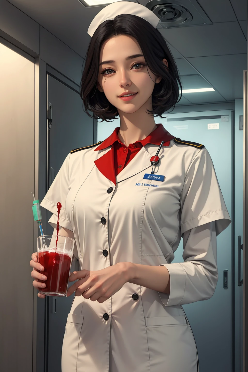 1 girl, nurse, short black hair, beautiful detailed eyes, beautiful detailed lips, white uniform, smiling, hospital interior, medical equipment, realistic, photorealistic, 8k, high quality, masterpiece, cinematic lighting, vibrant colors, warm tones, holding injection with red liquid inside, 