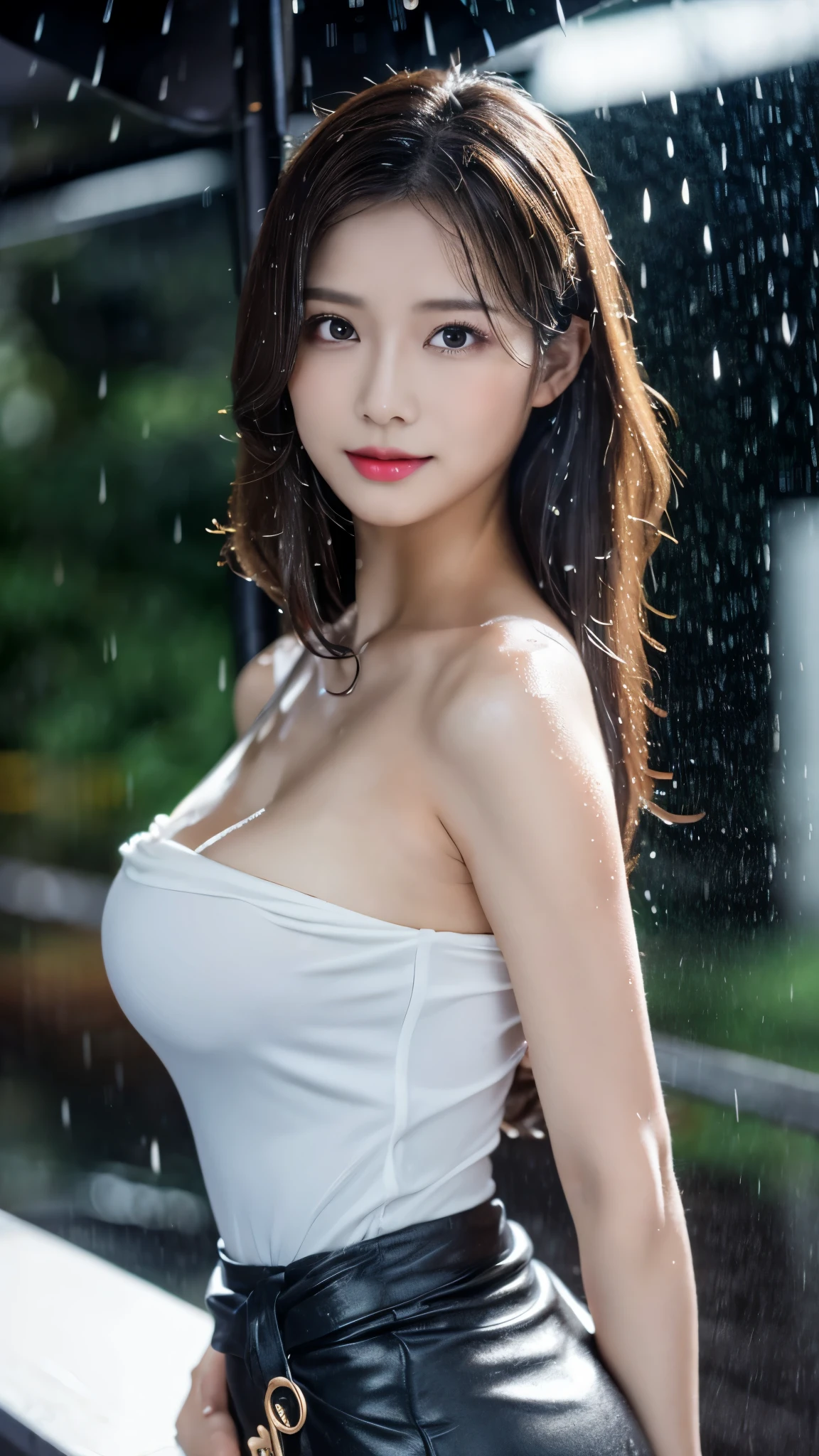 ((masterpiece:1.3)), best quality, Ultra-high resolution, (Realistic:1.4), One woman, Beautiful woman, sexy, dark elf, sexy, lewd pose, (Wearing a strapless white dress of Multicolor:1.2), Brown Hair, beautiful face 0.5, (((Typhoon heavy rain))), Highly detailed skin and facial textures:1.2, Slim office lady wet in the rain:1.3, Fair skin, sexy beauty:1.1, perfect style:1.2, beautiful and aesthetic:1.1, very beautiful face, water droplets on the skin, (rain drips all over my body:1.2, wet body, wet hair:1.4, wet skirt:1.2, wet tank), Fine eyes, , Half American, Half Japanese, (Faded grey hair:1), ((huge breasts)), (full body)