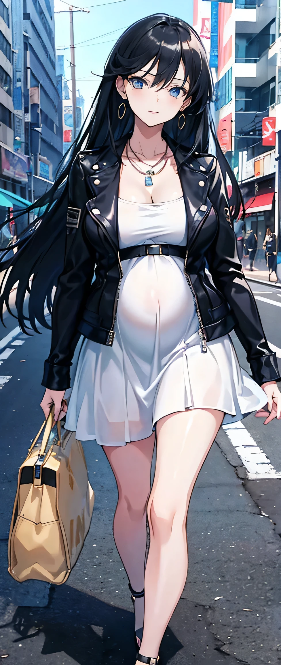High resolution, high resolution,2D Anime Style,,Cool woman,Mature look,,Beautiful thighs,20th Generation,Black Long Hair,Blue Eyes,Beautiful watch,Beautiful earrings,Beautiful necklace,Casual Fashion,leather jacket,She wore a dress that revealed her shoulders.,He is smiling a little,whole body,Walking around the city, pregnant belly