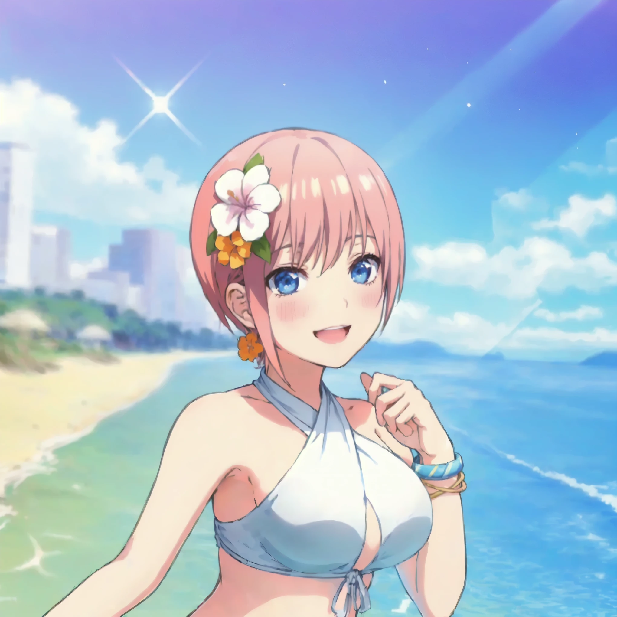 Ichika nakano, Best quality, masterpiece, ultra high res, (photorealistic:1.4,) anime girl in a bikini on the beach with a city in the background, nakano ichika, at a beach, at a tropical beach, smile, pretty girl, short pink hair, blue eyes, summer setting, beaching, sittimg on the beach, sunny day at beach,