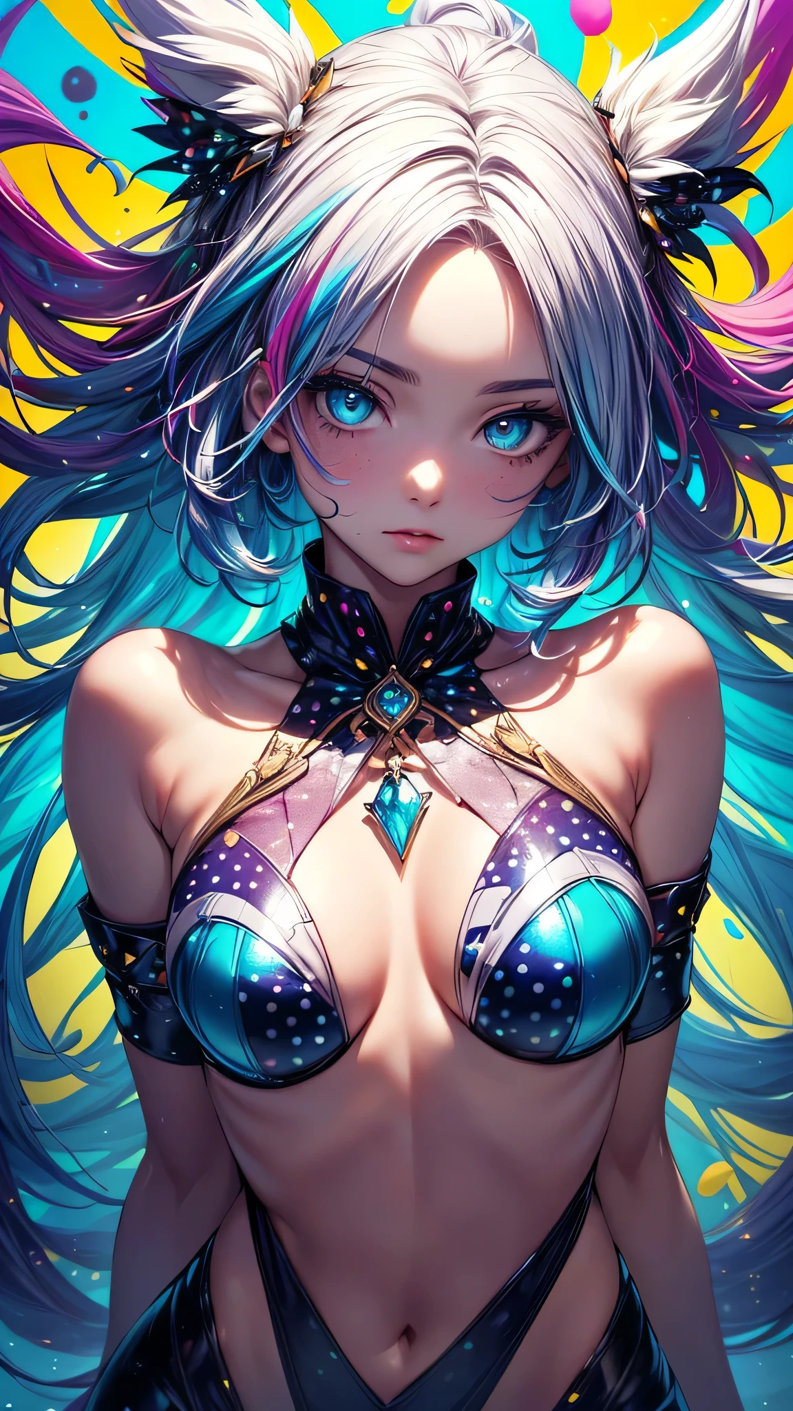 (((masterpiece))),(((Highest quality))),((Very detailed)),(figure),(Dynamic Angle), ((floating)),(paint),((Disheveled Hair)), (alone),(One girl), ((Mid-chest)), (((Detailed anima face))),((Beautifully detailed face)),collar,Exposing shoulders, Gray Hair, ((Colorful Hair)),((Striped Hair)), Beautiful attention to detail,(Gradient color eyes),(((Colorful eyes))), (((Colorful background))),(((High saturation))),(((Surrounded by colorful splashes))),(((Surrounded by colorful dots))),Colorful Bubbles,((The Shining))