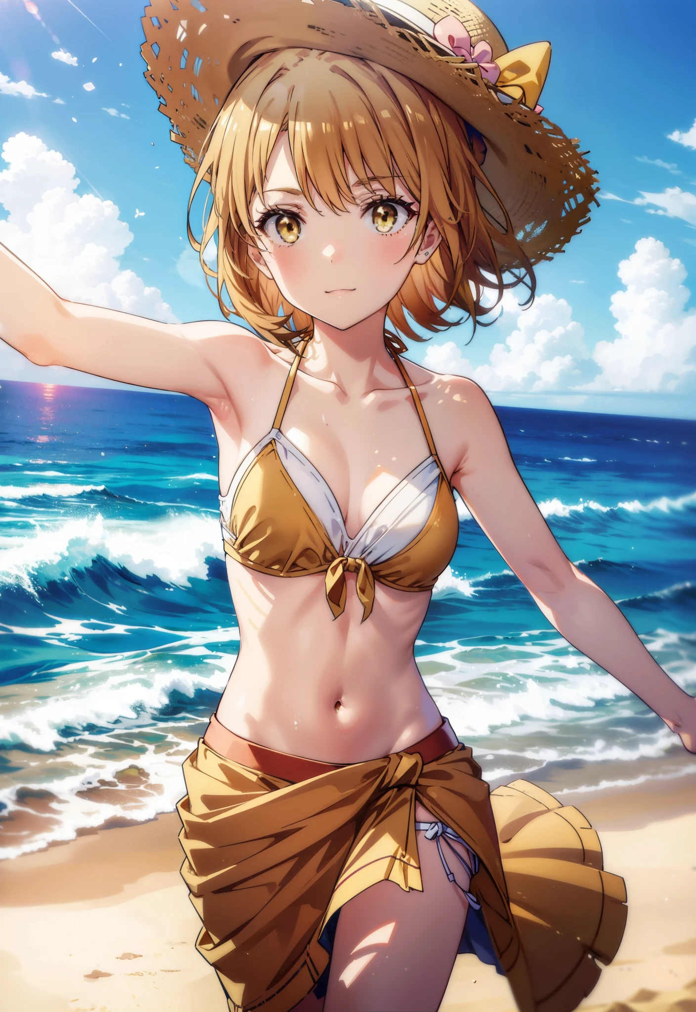 Irohaisshiki, isshiki iroha, short hair, Brown Hair, (Brown eyes:1.5),Open your mouth,clavicle,smile,Straw hat,Bikini Swimwear,barefoot,A long, thin skirt wrapped around the waist,belly button,abdomen, Dancer, gold belly Dancer,whole bodyがイラストに入るように,Strolling on the sandy beach,
break outdoors, Beach,
break looking at viewer, whole body,
break (masterpiece:1.2), Highest quality, High resolution, unity 8k wallpaper,, (shape:0.8), (Beautiful attention to detail:1.6), Highly detailed face, Perfect lighting, Highly detailed CG, (Perfect hands, Perfect Anatomy),