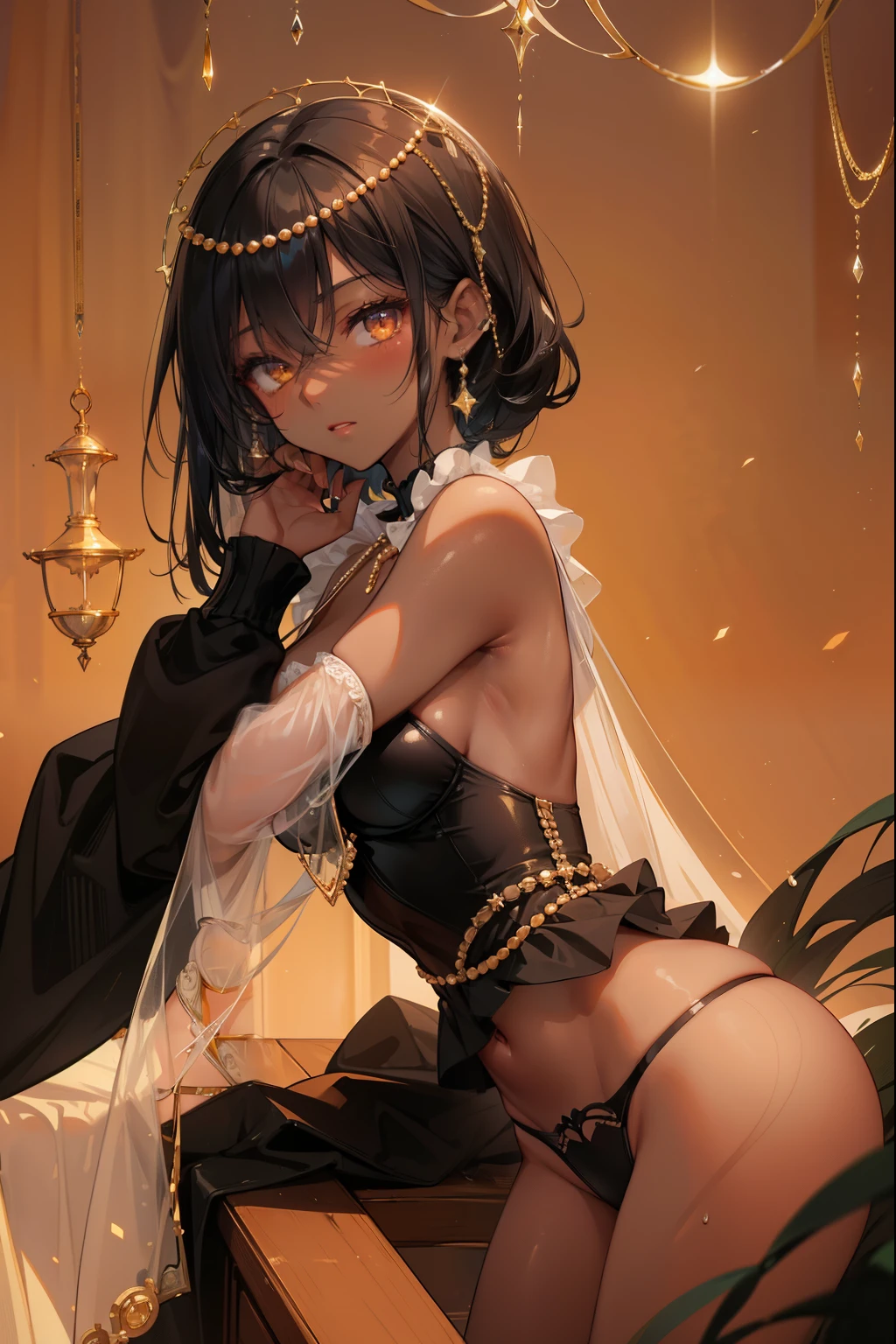 ((dark fantasy)),((black hair color)), (((golden eyes))),  ((((dark skinned girl)))) ,, warm light,( ),busty,Glamour,Gorgeous,monochromes,erotic posing,Dynamic Posing,Arrange Pose,Dramatic,Cinematic,Detailed background, Dynamic Angle,From the angle of the film,Gothic background, Dark fantastic view,Best Quality,masutepiece,8K,The ultimate detailed dark background, Top image quality、RAW photography、超A high resolution，cropped shoulders, overall look is very erotic、Shot for one person only, model shoot, Large round chest, Beautiful Eyes of Details、Very slender eyes、Beautiful eyelashes、Very slim physique, with blush cheeks,Pearl Beaded Bralet bralette of transparent glass, ((pearl glass top)), ((bra of clear glass)), glass underwear, 
