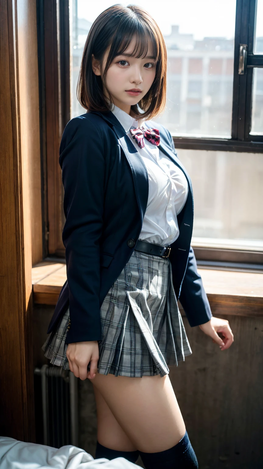 (8K, RAW Photos, Highest quality, masterpiece:1.2), (professional photography, full colors, studio-caliber color grading), (Gravure quality for high-end fashion magazines), (Details High quality, realistic depiction of eyes:1.3), from side, High School Classroom、High school girl uniform、blazer 、Super Short Check Uniform Skirt、Navy blue high socks、garterbelts、Colossal tits、Disturbed uniform, short hair, (wavy hair:1.2), short bob hair, black hair color, large breasts, Big Natural Color Lip, bold sexy pose, (perfect body shape), crying a little、cold gaze, Harajuku style、20 year old girl、cute type, beautiful legs, hposing Gravure Idol, Voluptuous thighs