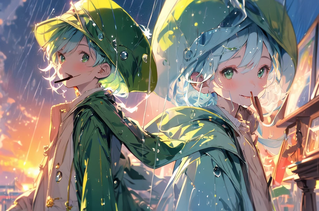 (masterpiece:1.2), Highest quality,Pixiv,Colorful portrait, 
Boy, green long coat, green pointed hat, fair skin, holding a Pocky、White short hair, looking up at the sky, sunset sky, rain falling