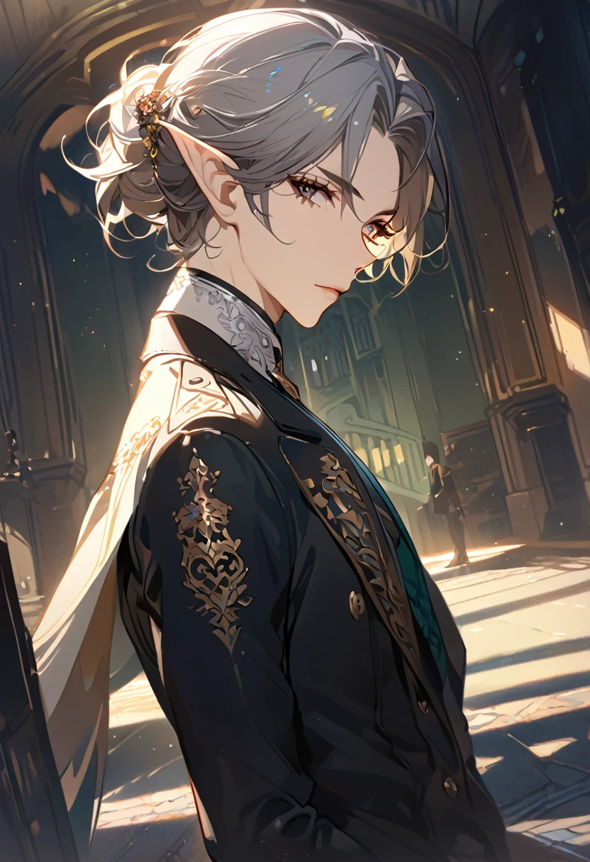 masterpiece, best quality, 8k ,4k , 1 male, elf, long ears elf, dark grayish hair, dark greenish eyes, hair ornament, finely detailed eyes and detailed face, looking at viewer, from side, meticulous clothes, formal clothes, combination of white and black coat, half cape by the shoulders, patterned clothes, majestic looks, sharp looks, shadows, inspired by Asukaziye artist : ask, art style : ask